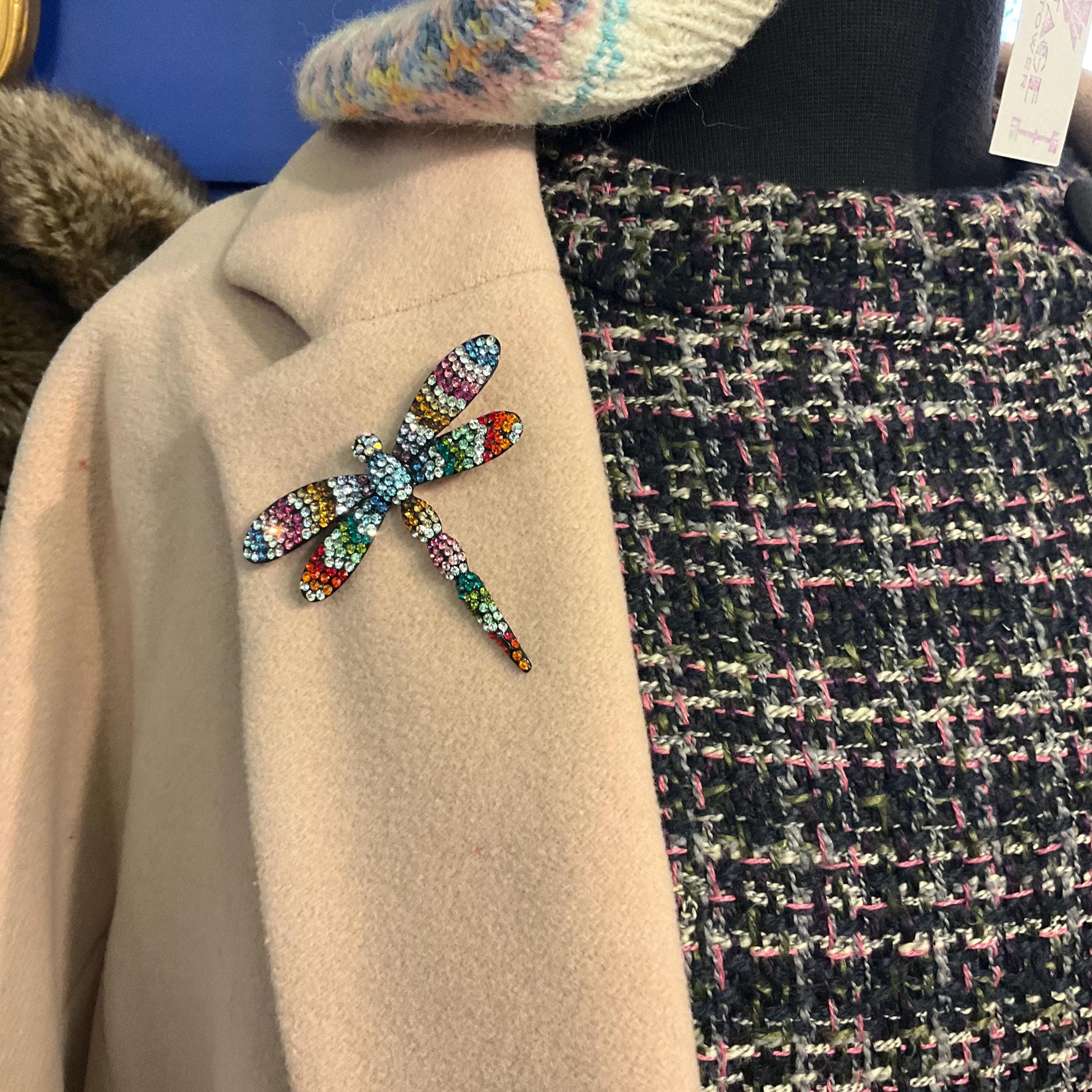 Vintage Butler and Wilson Large Rainbow Crystal Dragonfly Brooch, Pewter tone with Ombré Rhinestones, signed as new