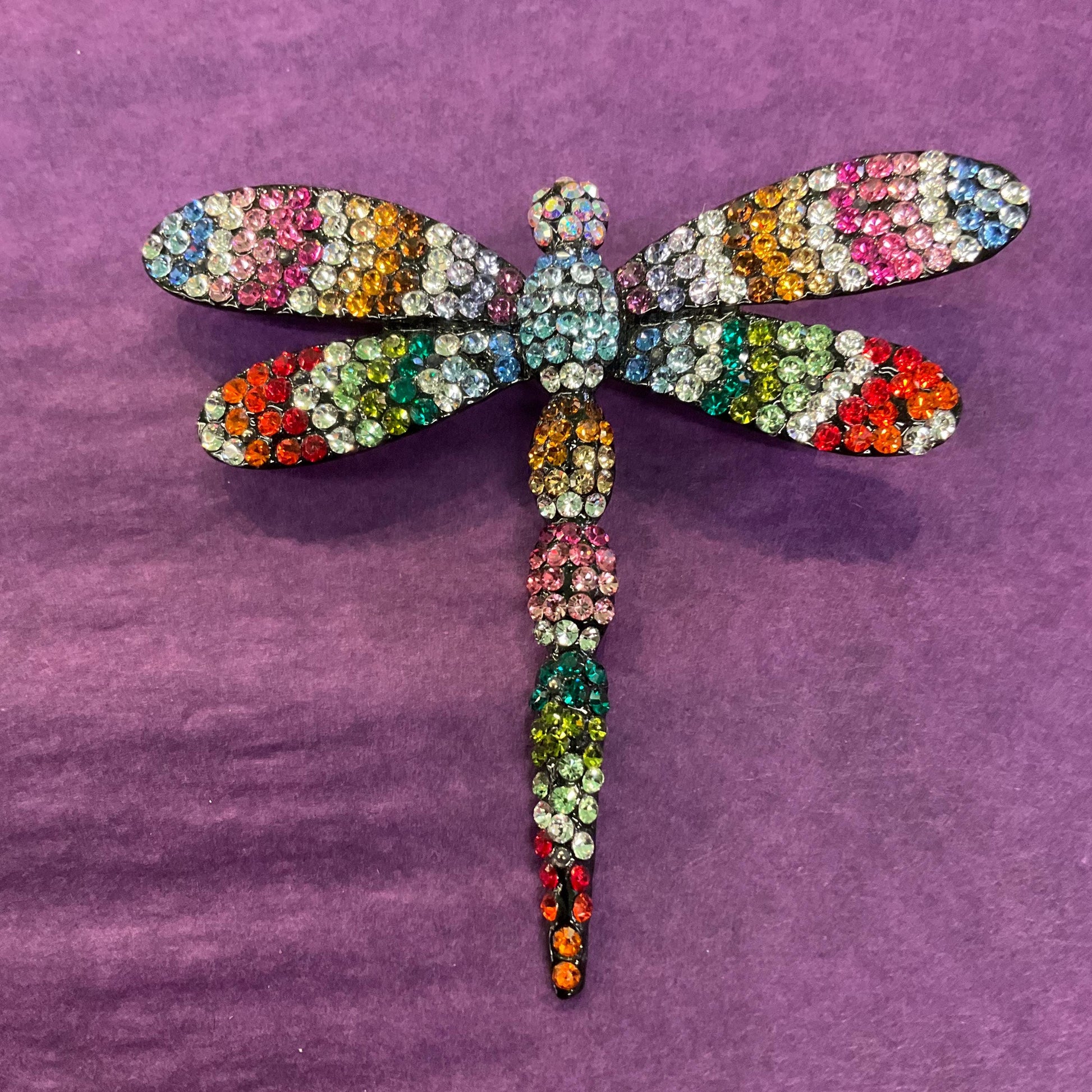 Vintage Butler and Wilson Large Rainbow Crystal Dragonfly Brooch, Pewter tone with Ombré Rhinestones, signed as new