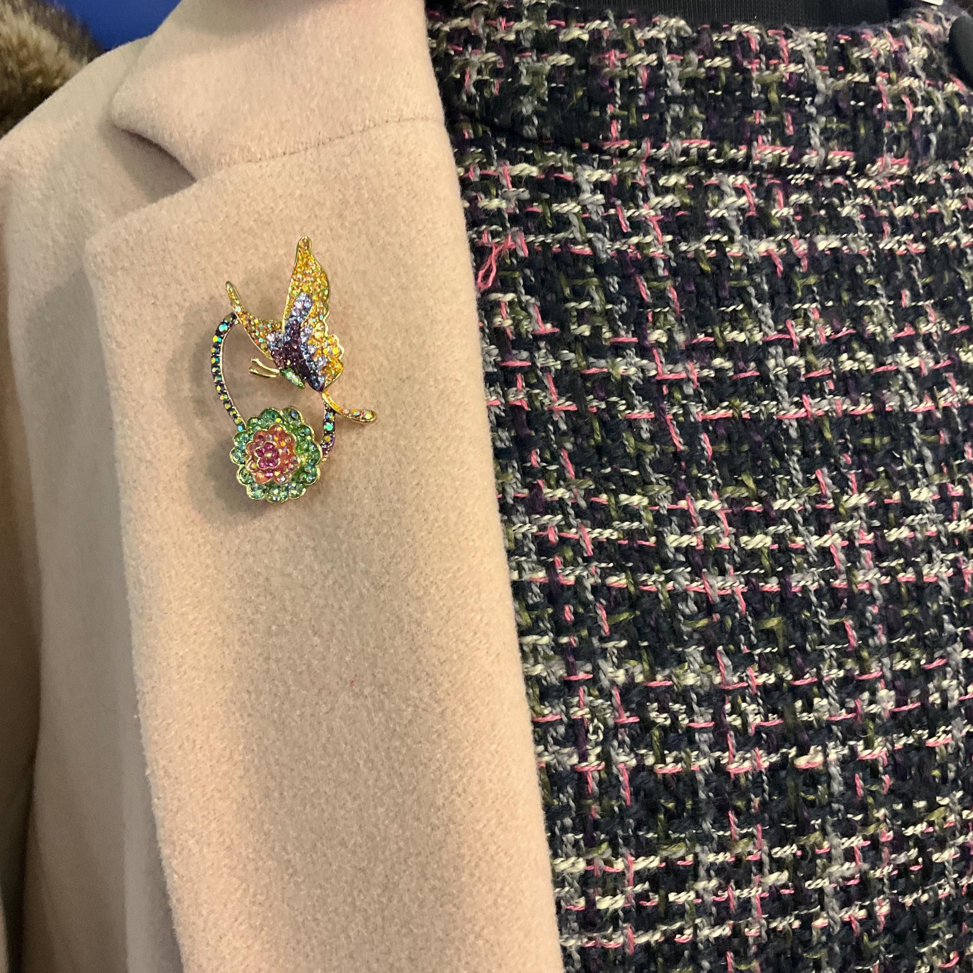 Vintage Butler and Wilson Crystal Rainbow Flower and Butterfly Brooch, gold tone with Borealis rhinestones, signed as new