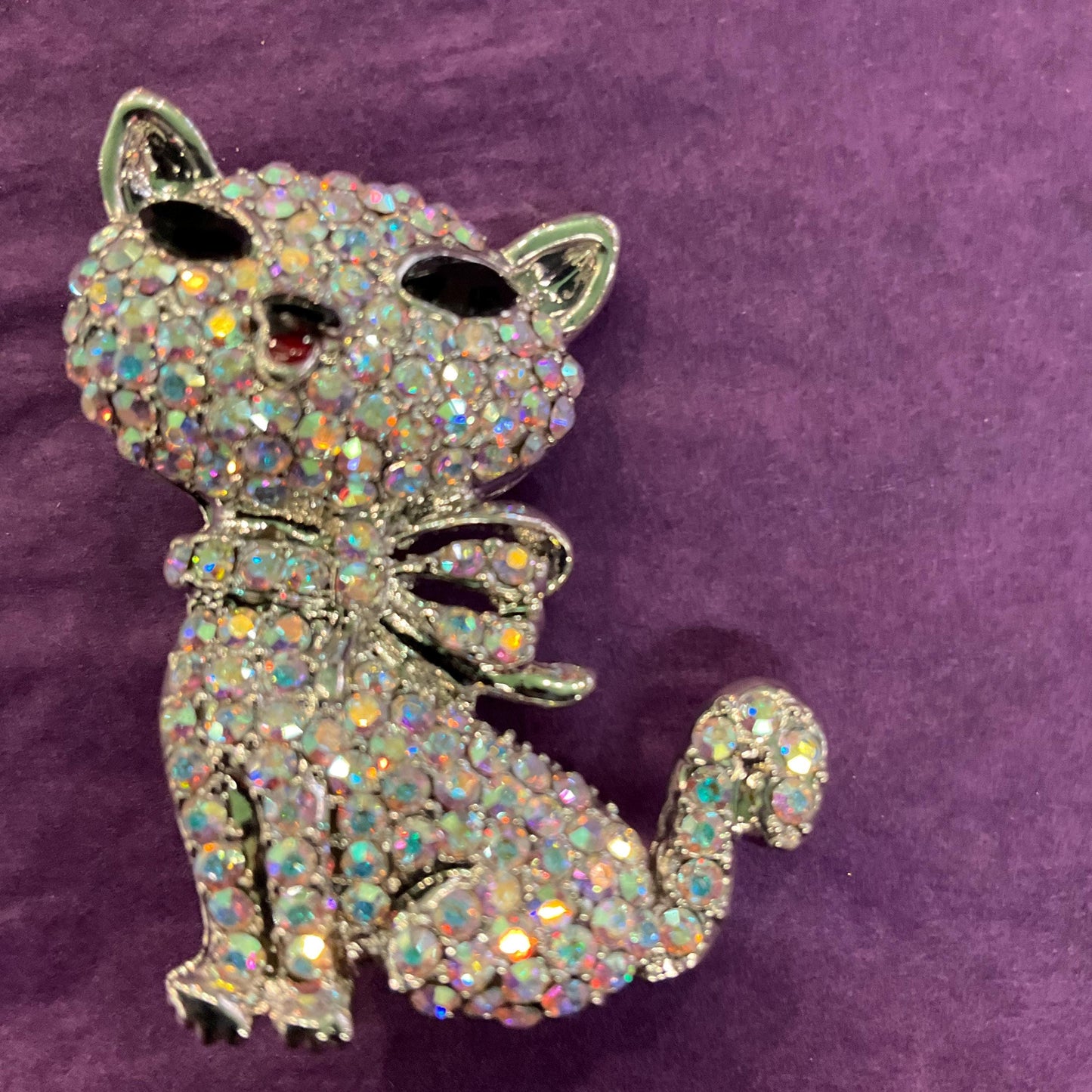 Vintage Butler and Wilson Silver Crystal Pussycat Brooch, silver tone with Aurora Borealis rhinestones, Signed as new