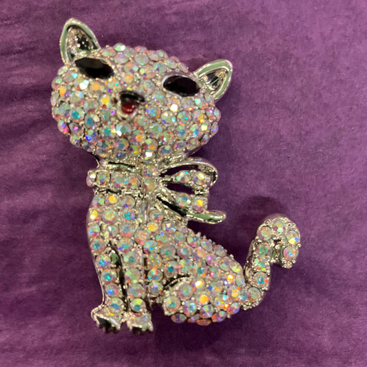 Vintage Butler and Wilson Silver Crystal Pussycat Brooch, silver tone with Aurora Borealis rhinestones, Signed as new