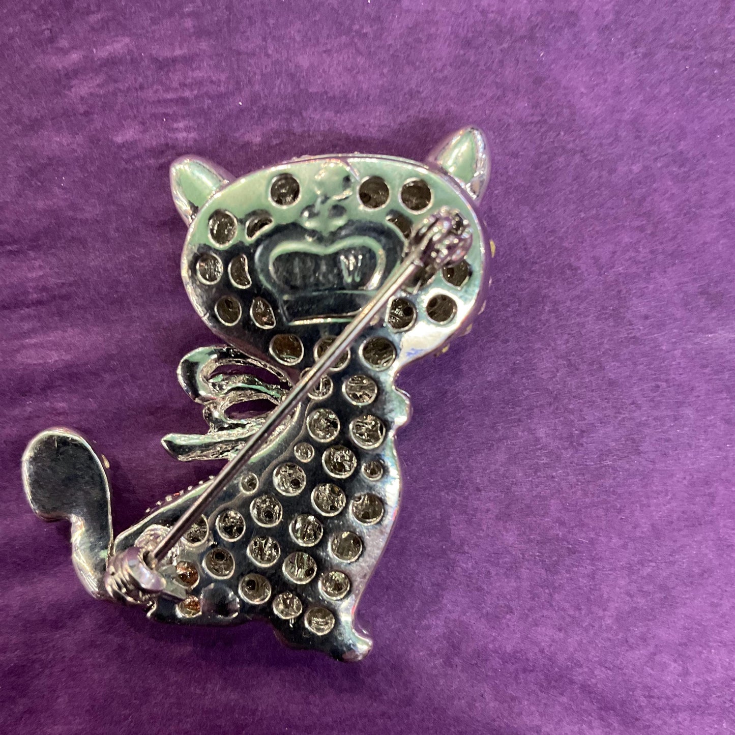 Vintage Butler and Wilson Silver Crystal Pussycat Brooch, silver tone with Aurora Borealis rhinestones, Signed as new