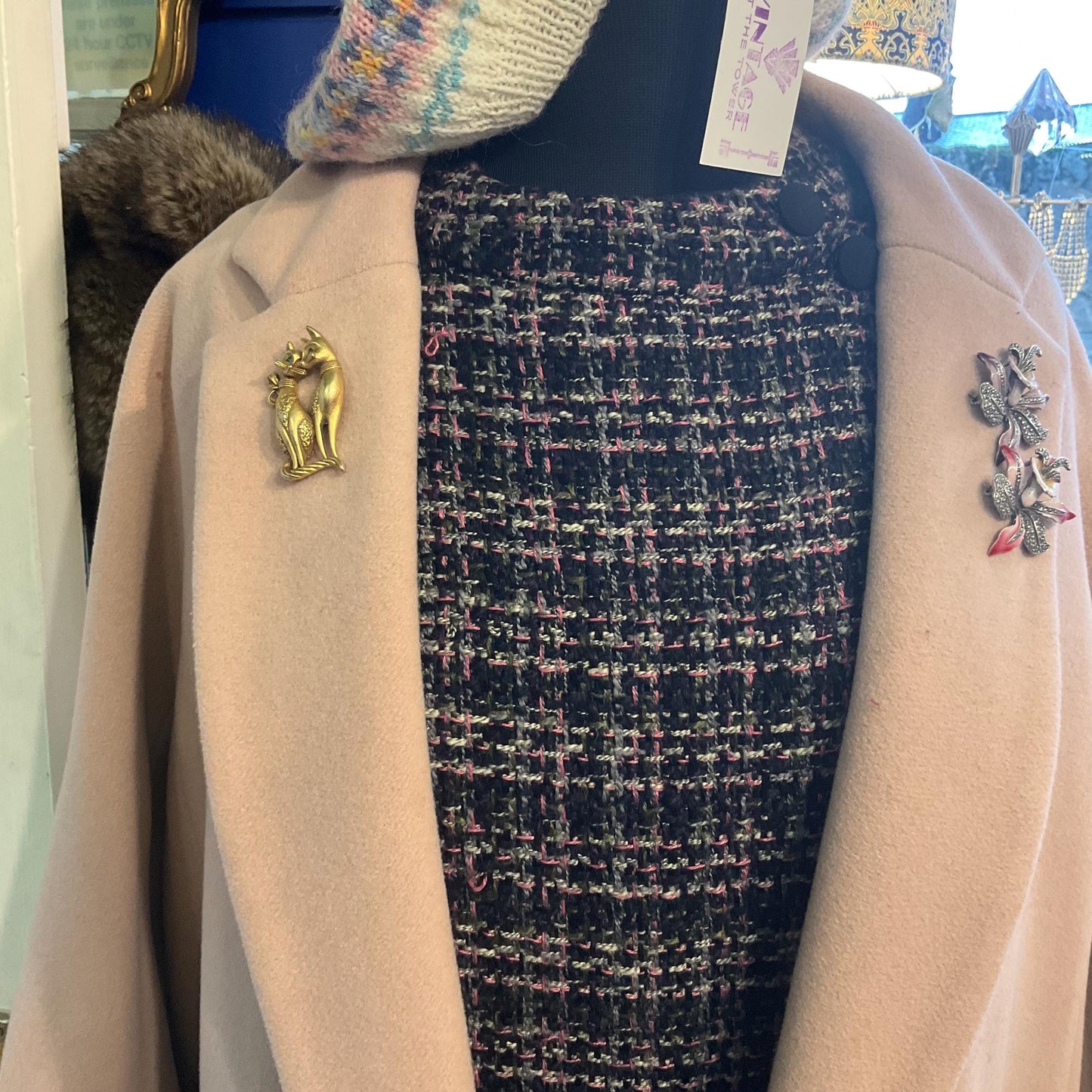 Vintage Butler and Wilson Gold Cat Lovers Brooch, Matt gold tone with Green rhinestones, signed as new