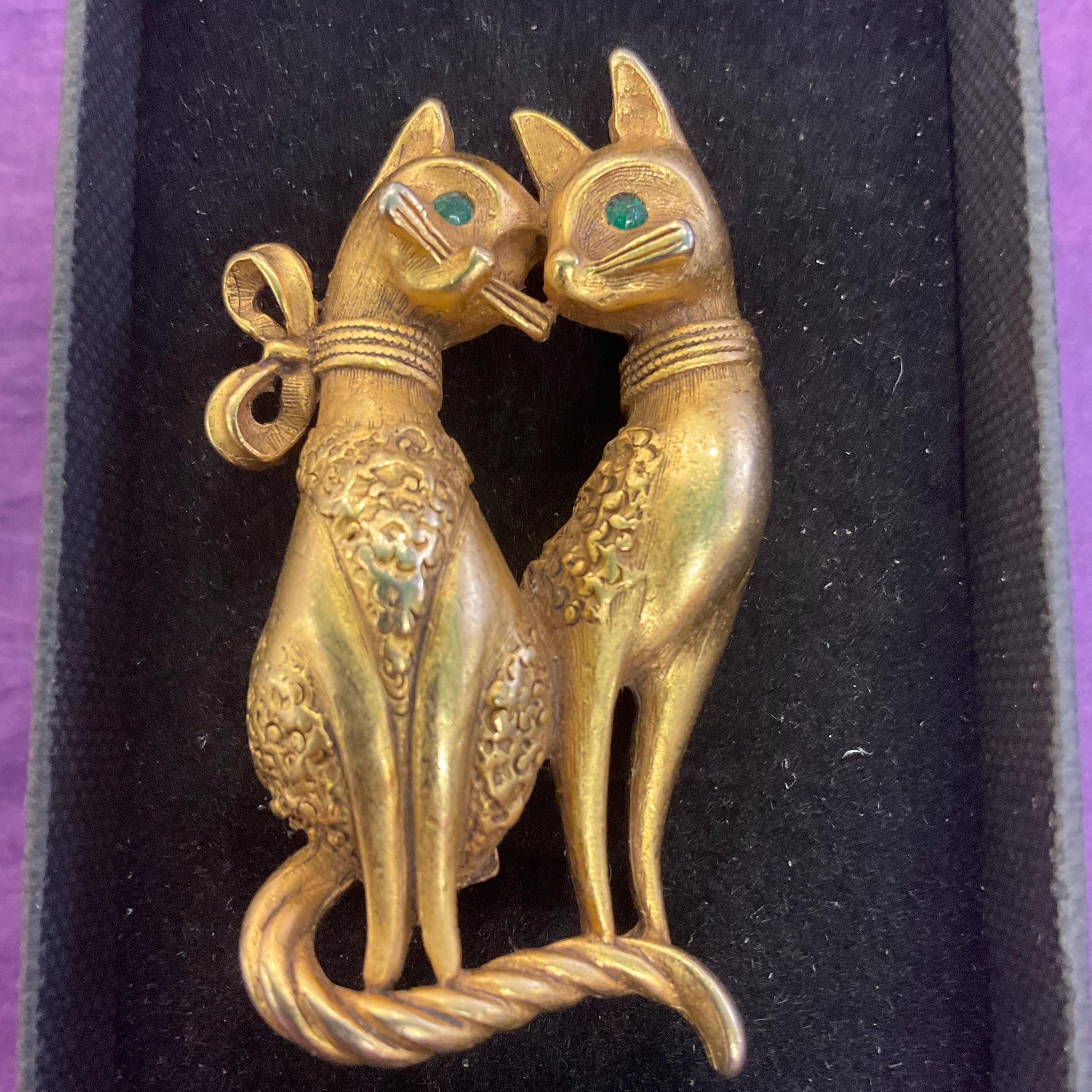 Vintage Butler and Wilson Gold Cat Lovers Brooch, Matt gold tone with Green rhinestones, signed as new