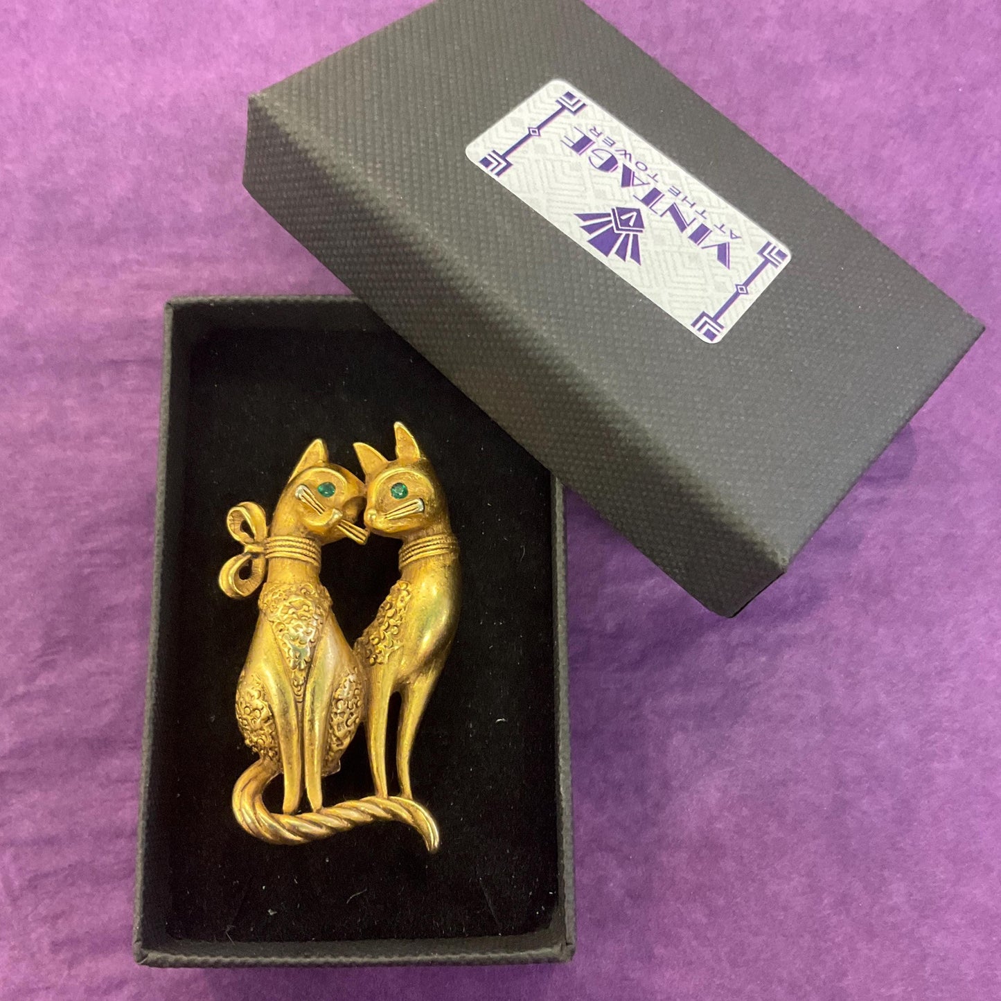 Vintage Butler and Wilson Gold Cat Lovers Brooch, Matt gold tone with Green rhinestones, signed as new