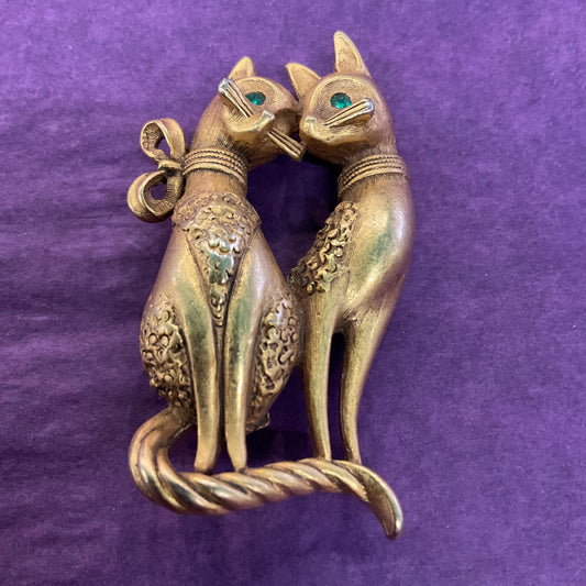 Vintage Butler and Wilson Gold Cat Lovers Brooch, Matt gold tone with Green rhinestones, signed as new