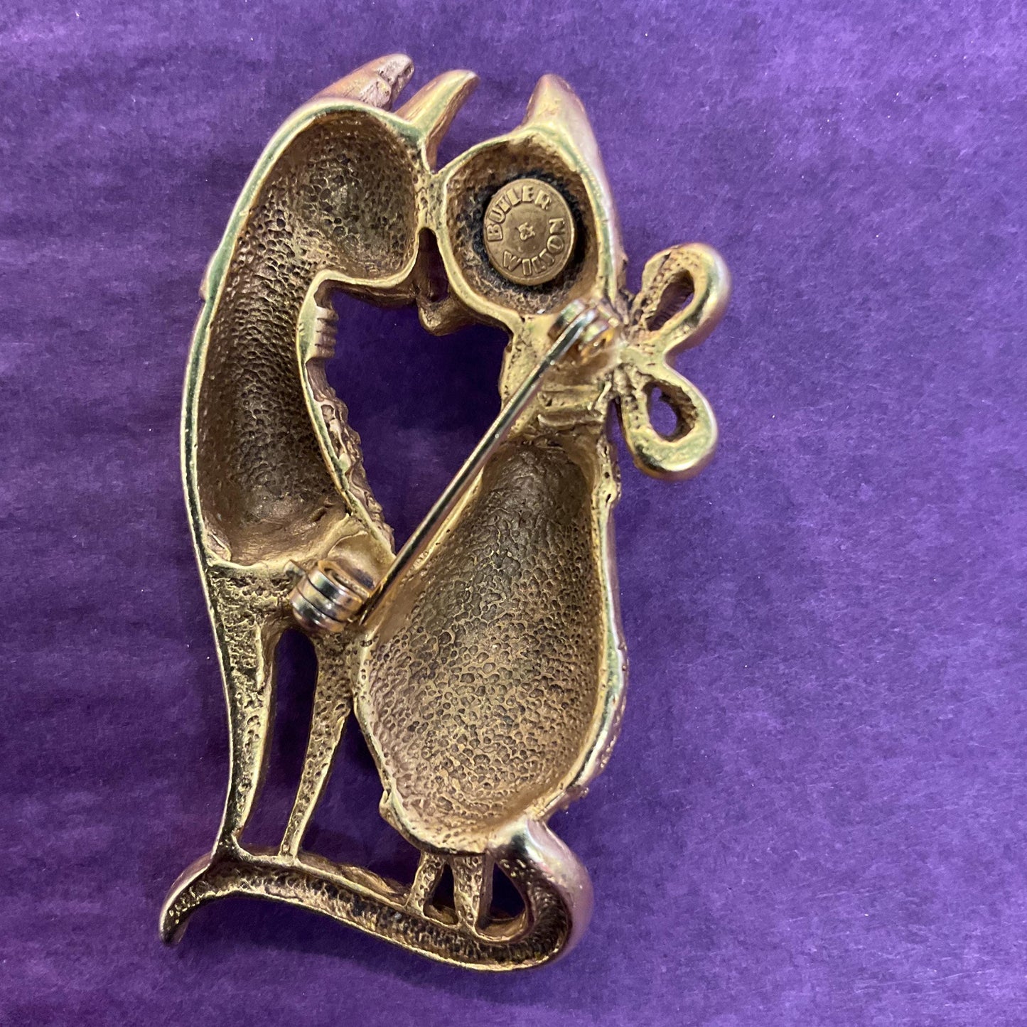 Vintage Butler and Wilson Gold Cat Lovers Brooch, Matt gold tone with Green rhinestones, signed as new