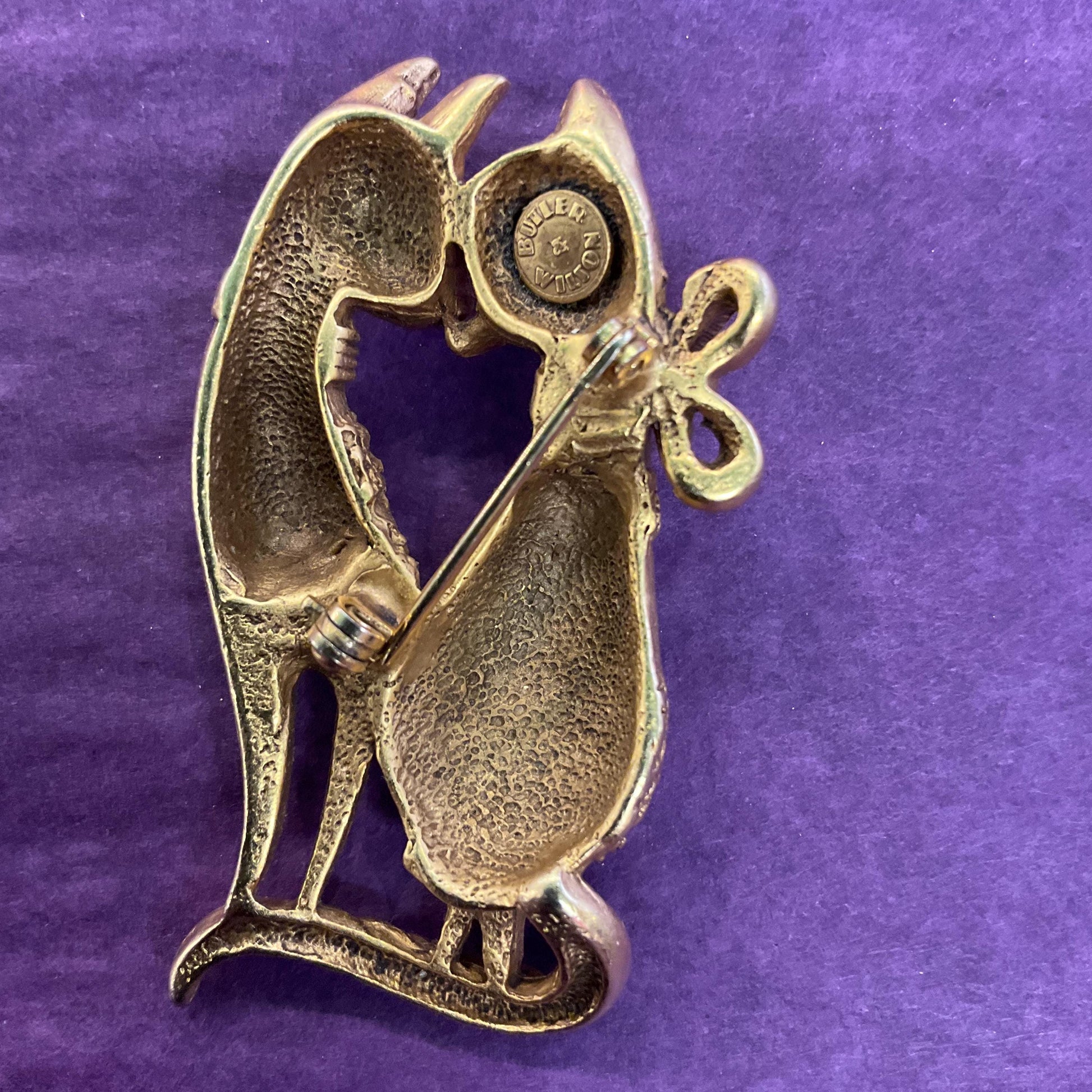 Vintage Butler and Wilson Gold Cat Lovers Brooch, Matt gold tone with Green rhinestones, signed as new