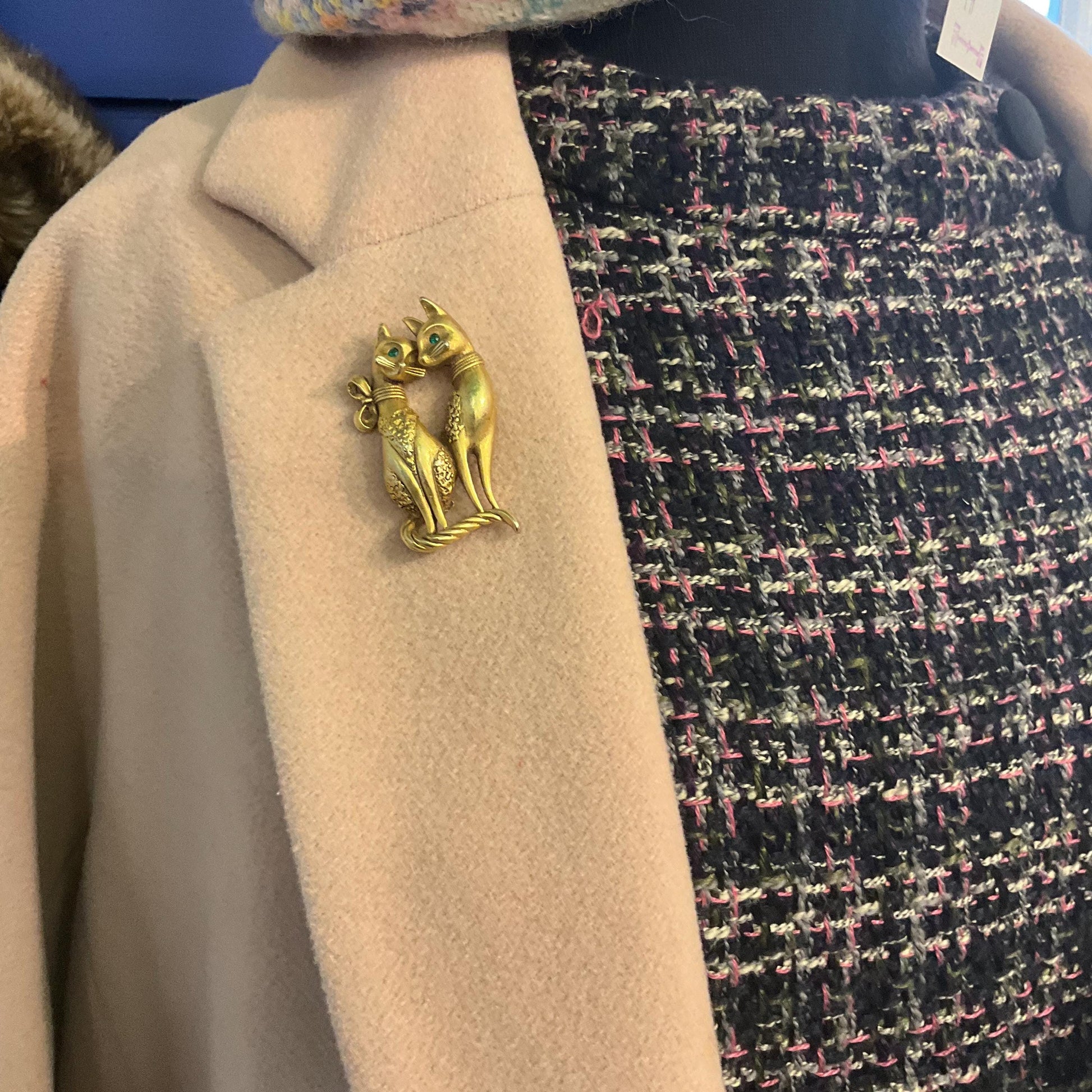 Vintage Butler and Wilson Gold Cat Lovers Brooch, Matt gold tone with Green rhinestones, signed as new