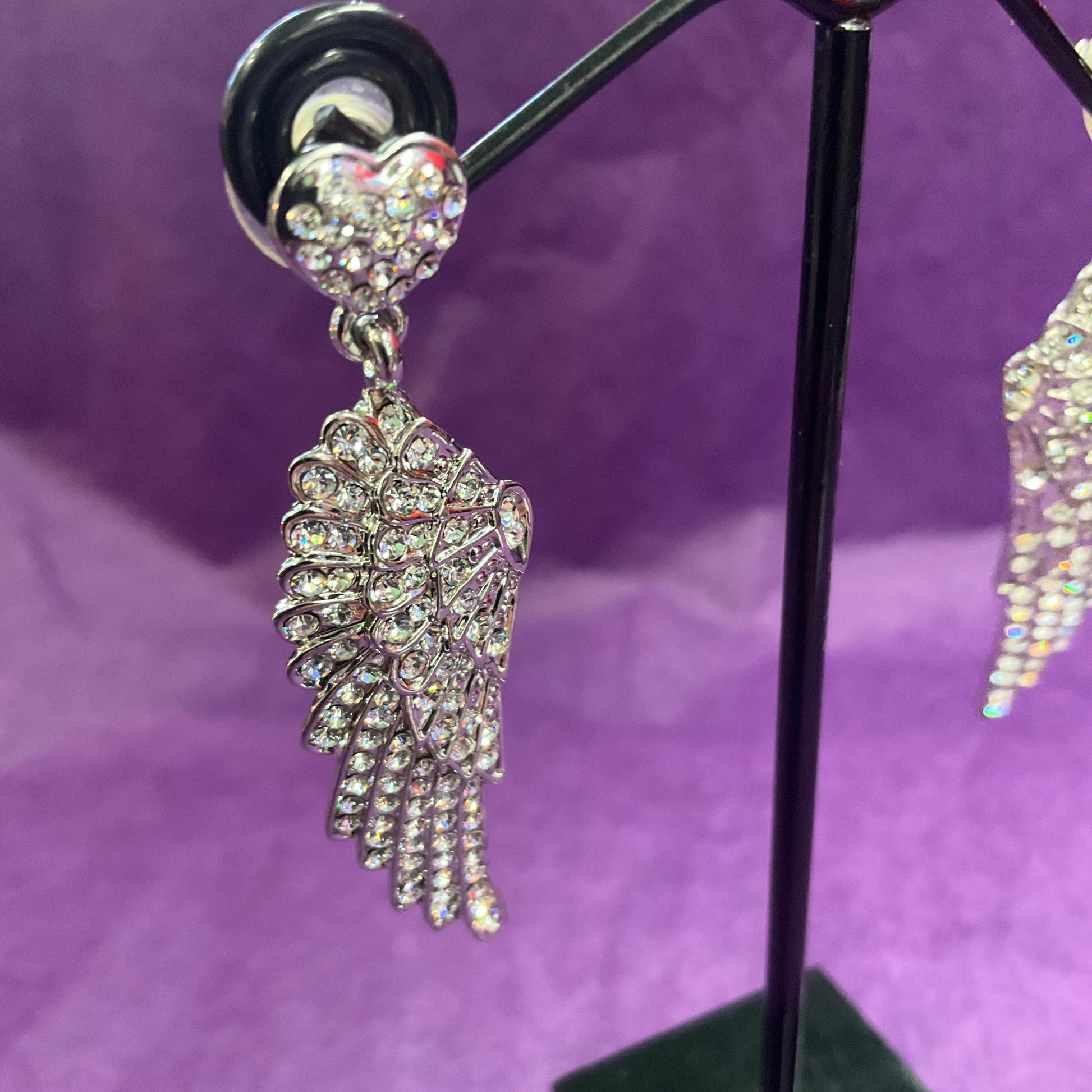 Vintage Butler and Wilson Silver Crystal Angel Wing Drop Earrings , silver tone with silver rhinestones, signed as new