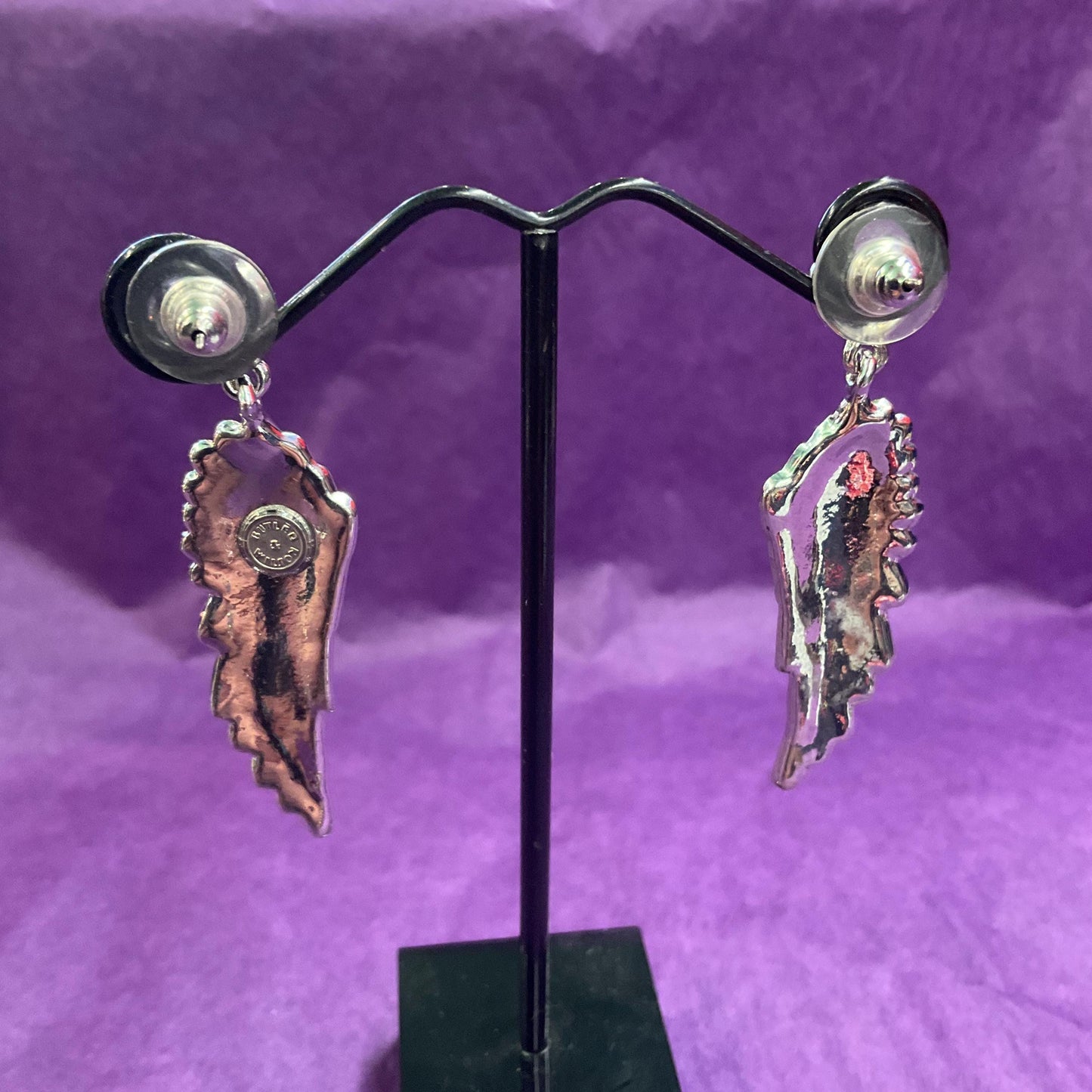Vintage Butler and Wilson Silver Crystal Angel Wing Drop Earrings , silver tone with silver rhinestones, signed as new