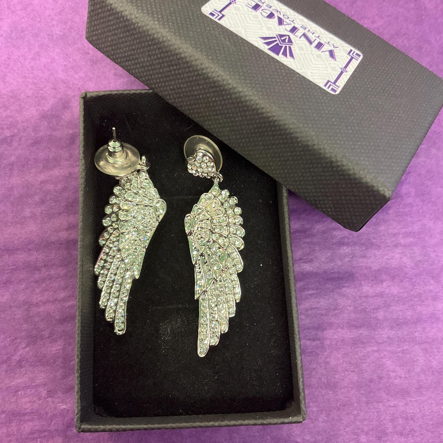 Vintage Butler and Wilson Silver Crystal Angel Wing Drop Earrings , silver tone with silver rhinestones, signed as new