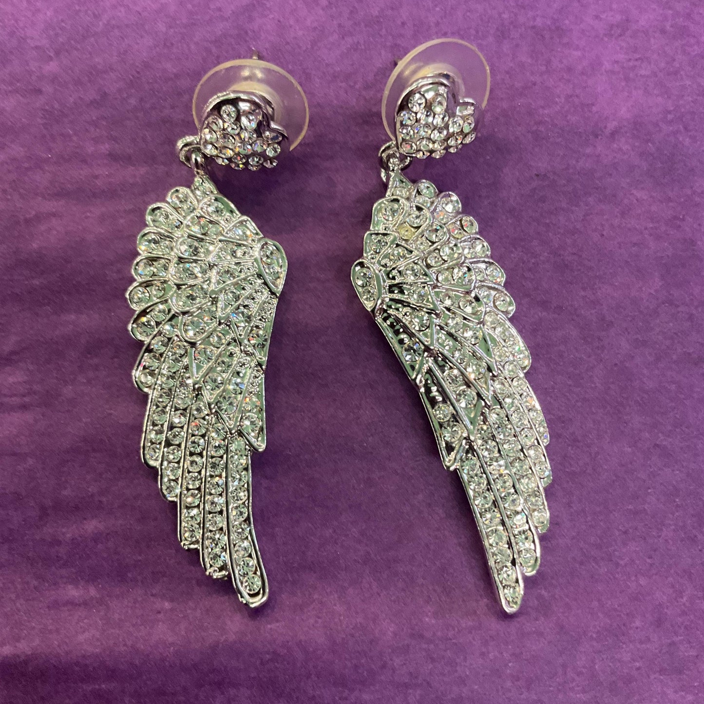 Vintage Butler and Wilson Silver Crystal Angel Wing Drop Earrings , silver tone with silver rhinestones, signed as new