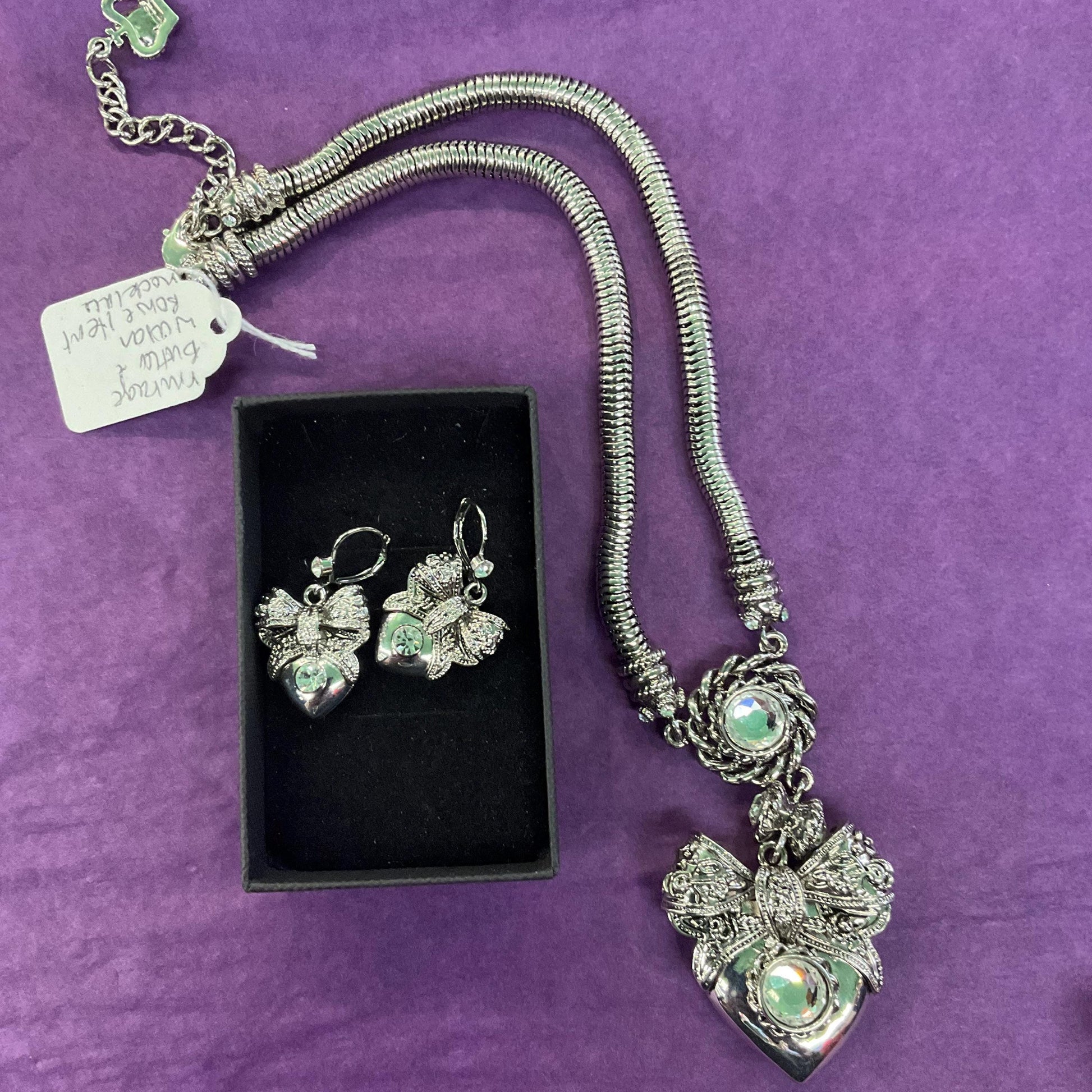 Vintage Butler and Wilson Silver Heart and Bow Crystal Drop Earrings, silver tone with silver crystal, signed as new
