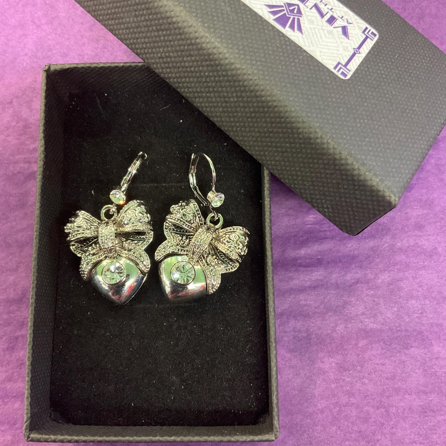 Vintage Butler and Wilson Silver Heart and Bow Crystal Drop Earrings, silver tone with silver crystal, signed as new