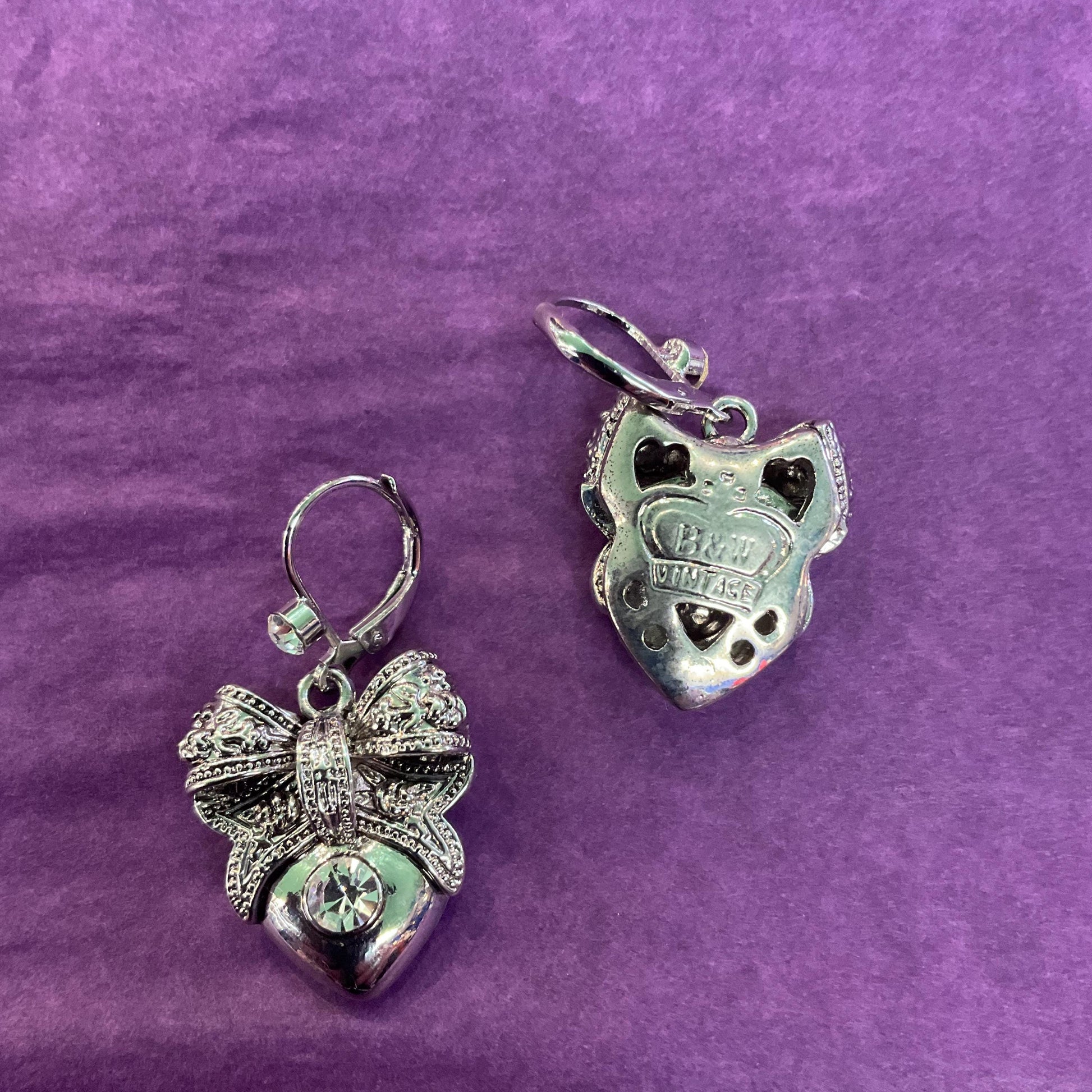 Vintage Butler and Wilson Silver Heart and Bow Crystal Drop Earrings, silver tone with silver crystal, signed as new