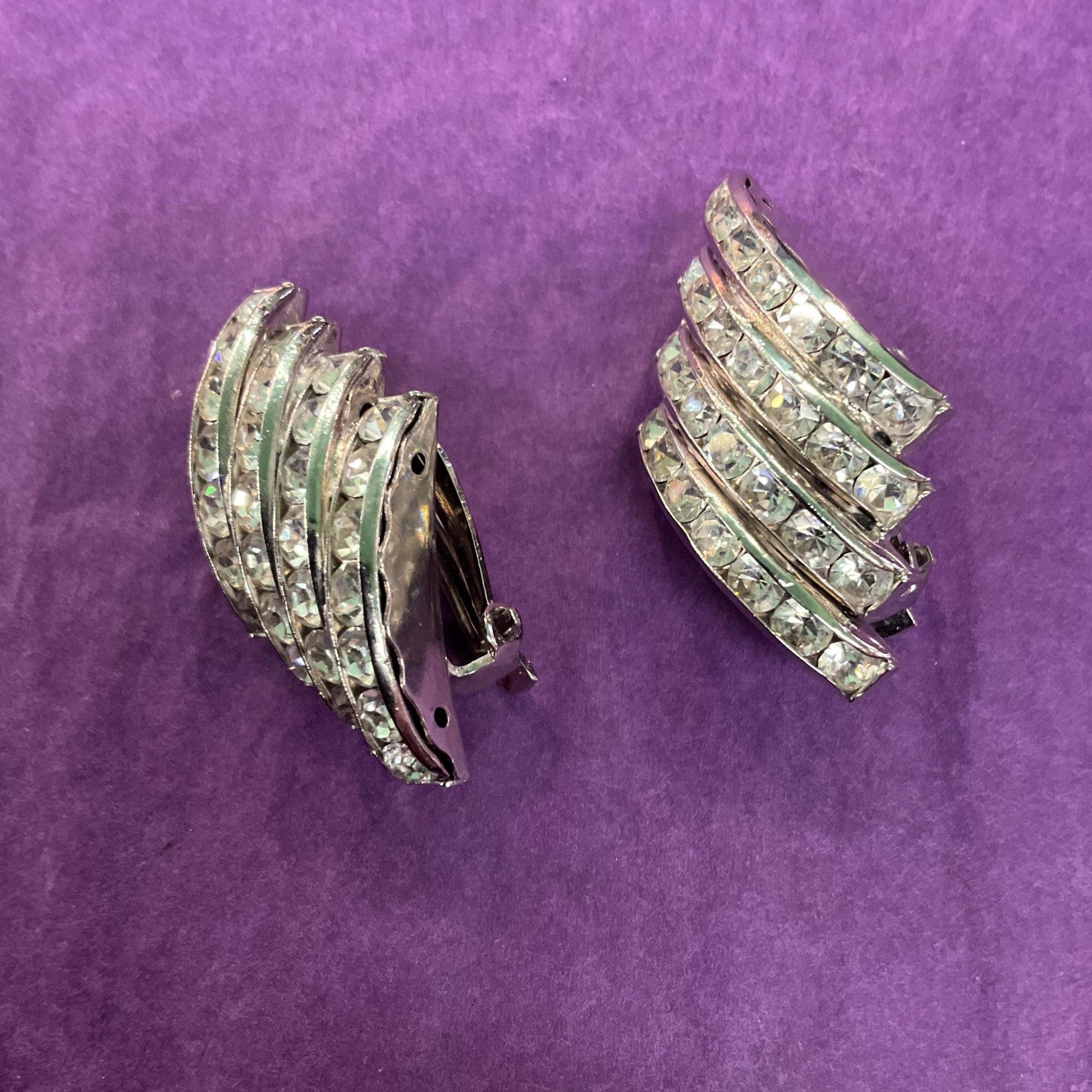 Vintage Butler and Wilson Silver Crystal Art Deco Style Clip on Earrings , silver tone with rhinestones, signed as new