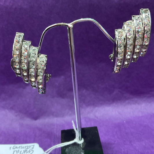 Vintage Butler and Wilson Silver Crystal Art Deco Style Clip on Earrings , silver tone with rhinestones, signed as new