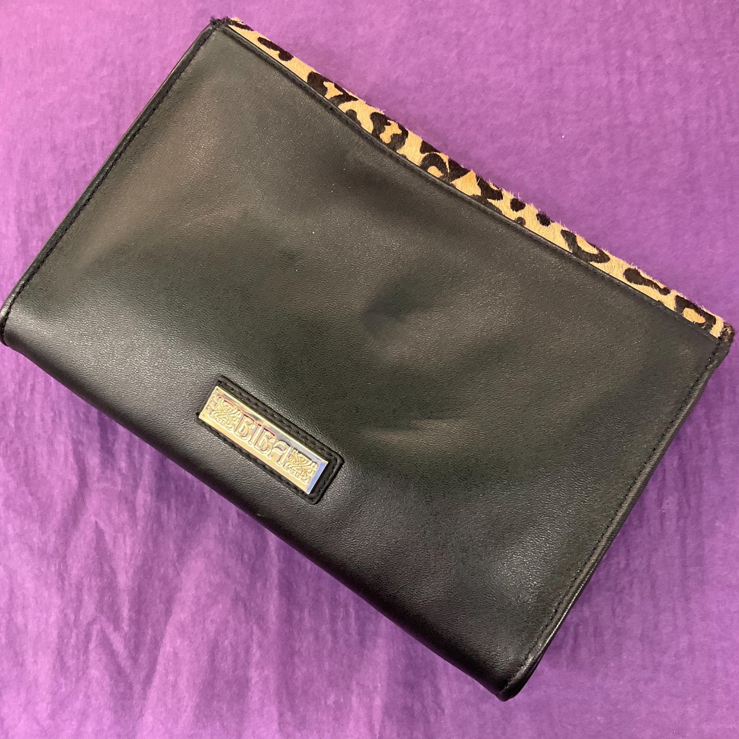 Vintage BIBA Leather leopard Print Large Clutch Bag , unused with original tags