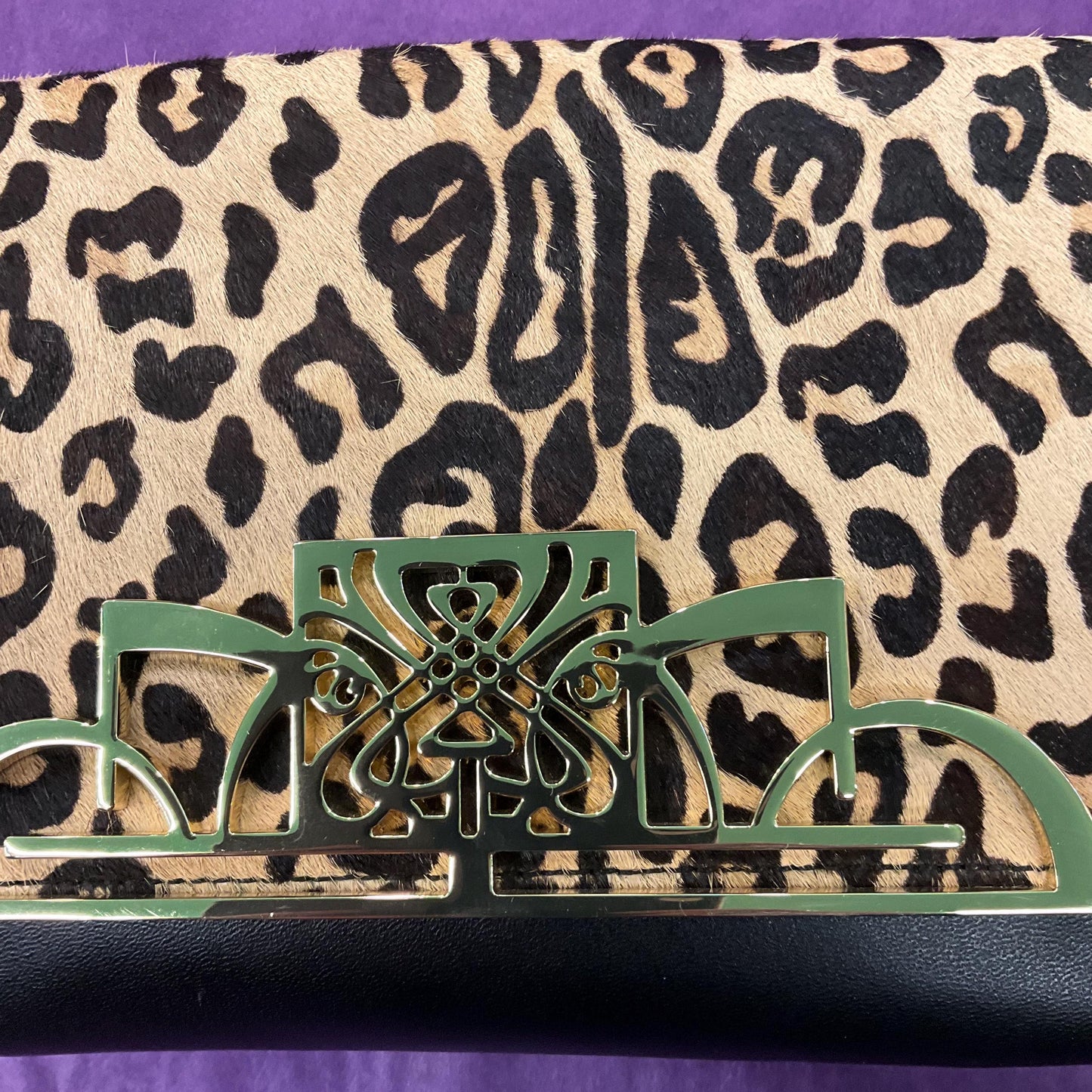 Vintage BIBA Leather leopard Print Large Clutch Bag , unused with original tags