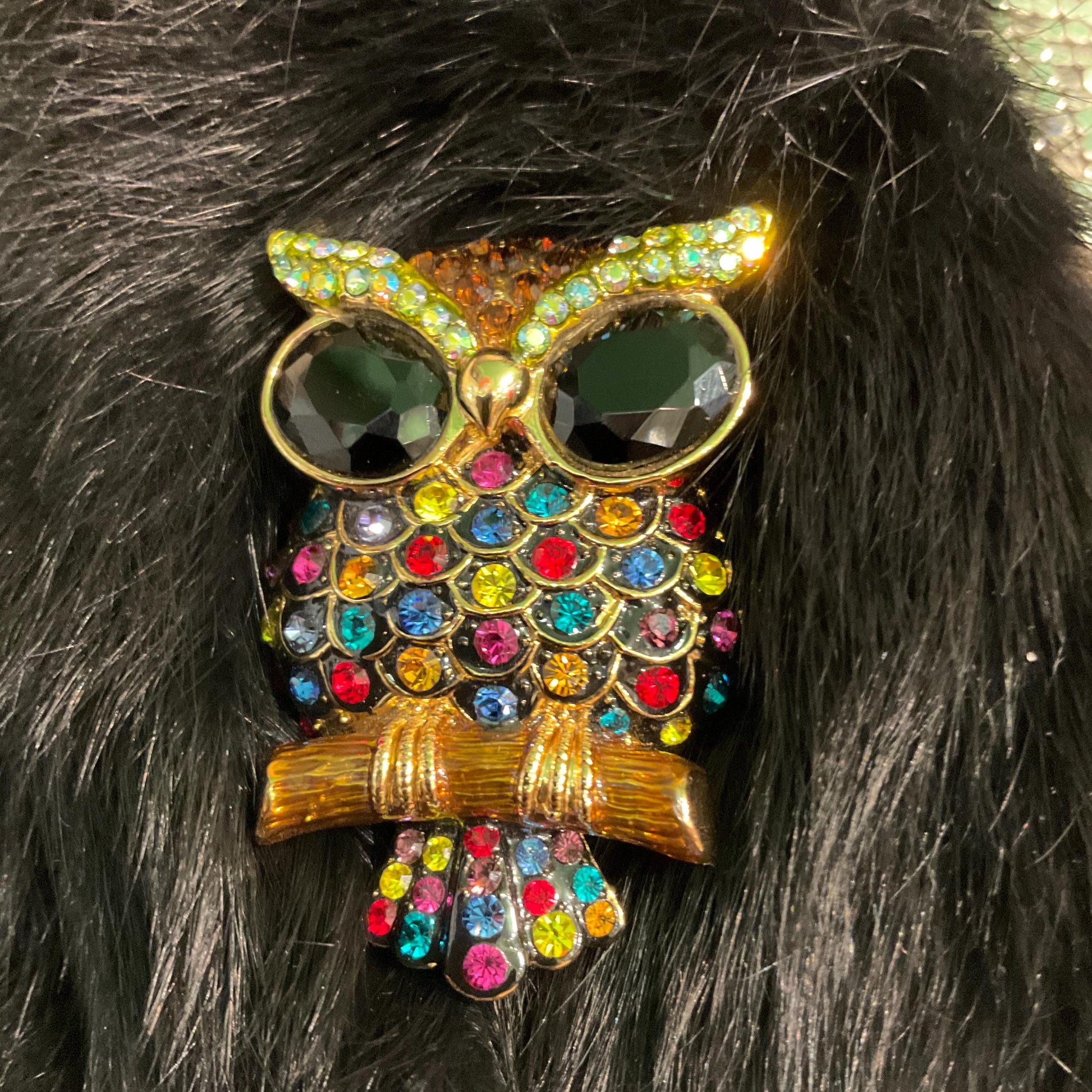 Vintage Butler and Wilson Crystal Owl Brooch , Gold tone with multicoloured Crystal, Signed in Original Box
