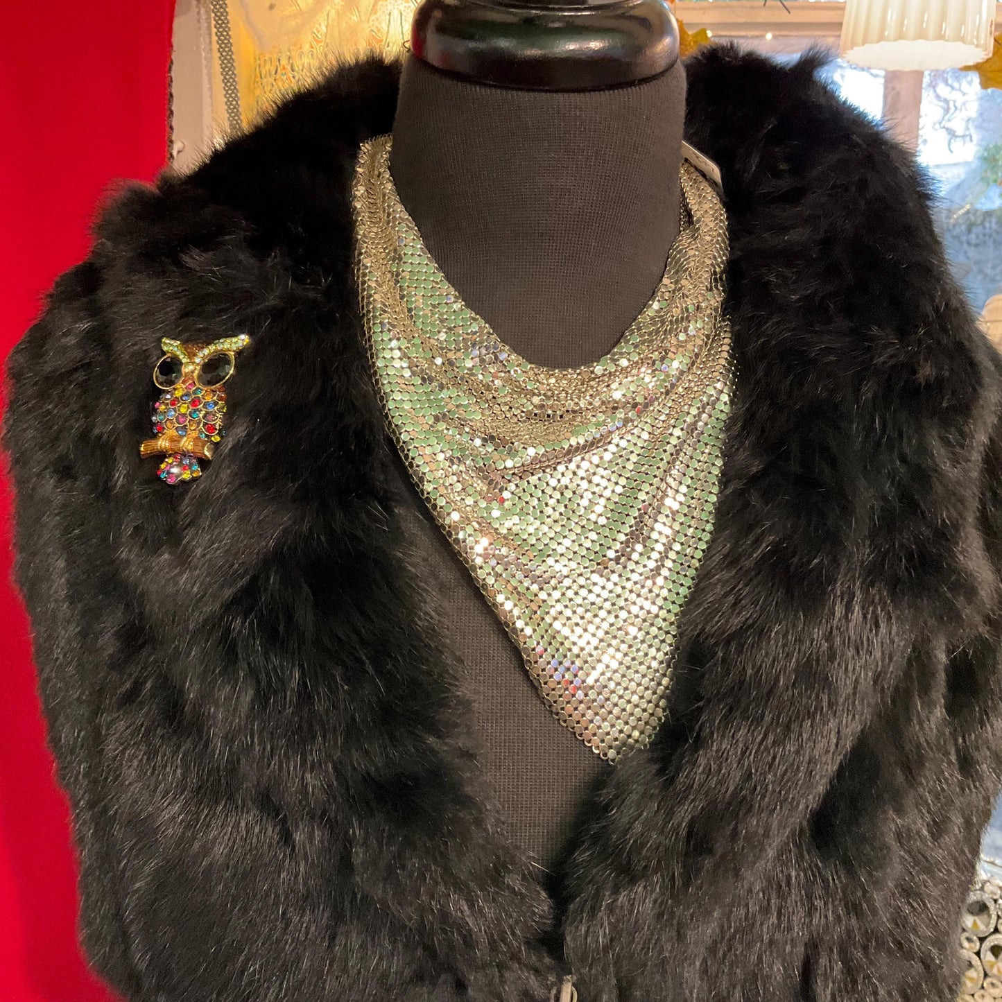 Vintage Butler and Wilson Crystal Owl Brooch , Gold tone with multicoloured Crystal, Signed in Original Box