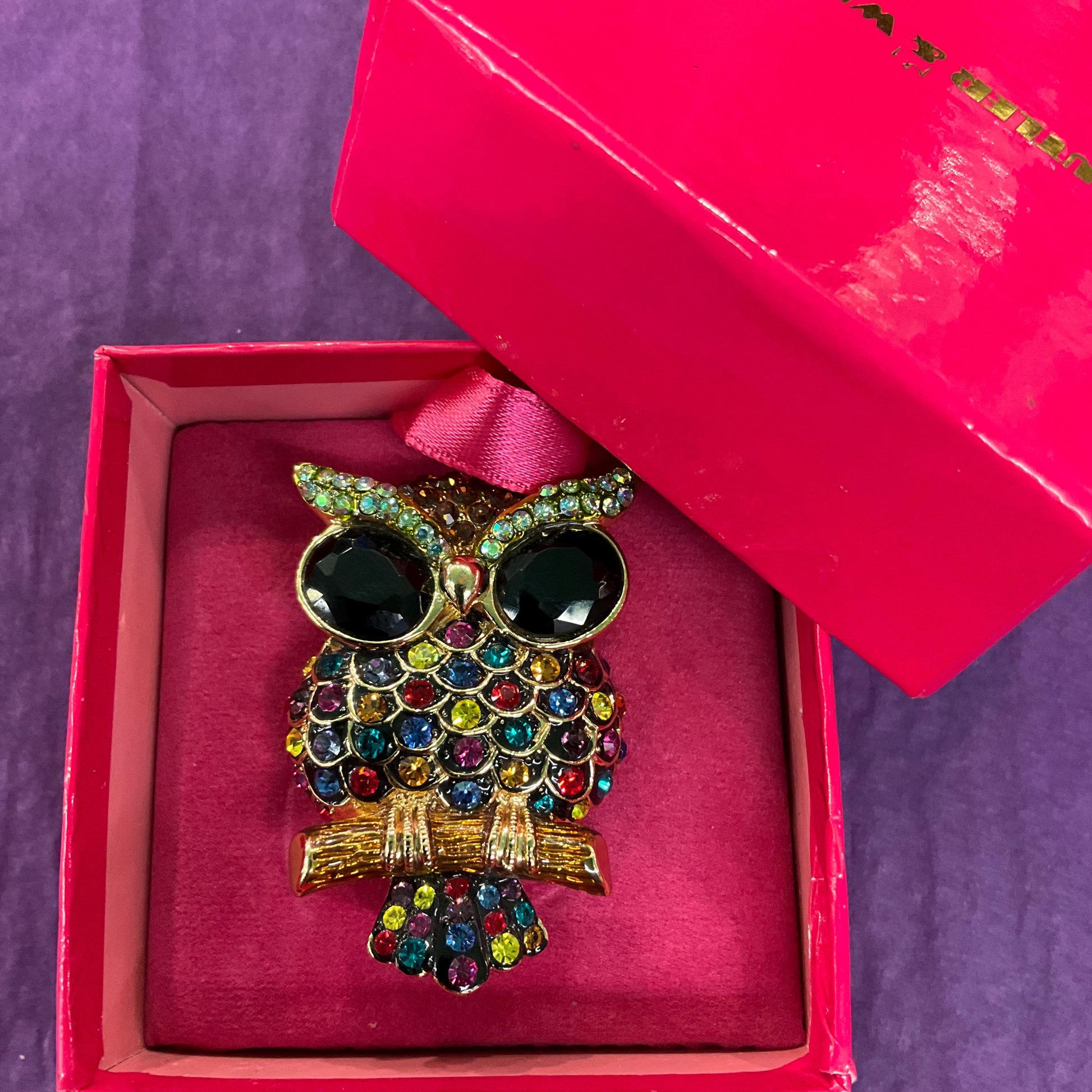 Vintage Butler and Wilson Crystal Owl Brooch , Gold tone with multicoloured Crystal, Signed in Original Box