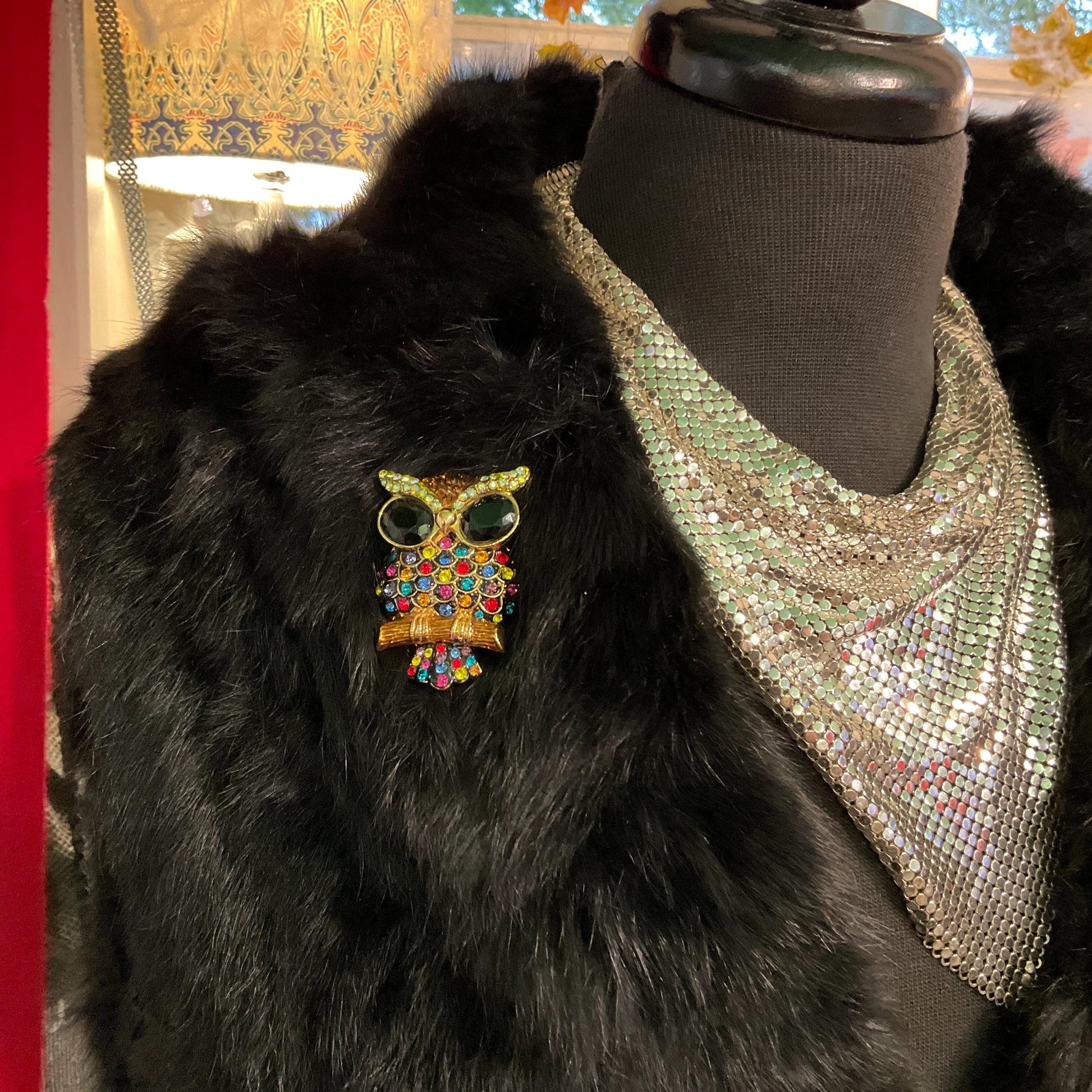 Vintage Butler and Wilson Crystal Owl Brooch , Gold tone with multicoloured Crystal, Signed in Original Box