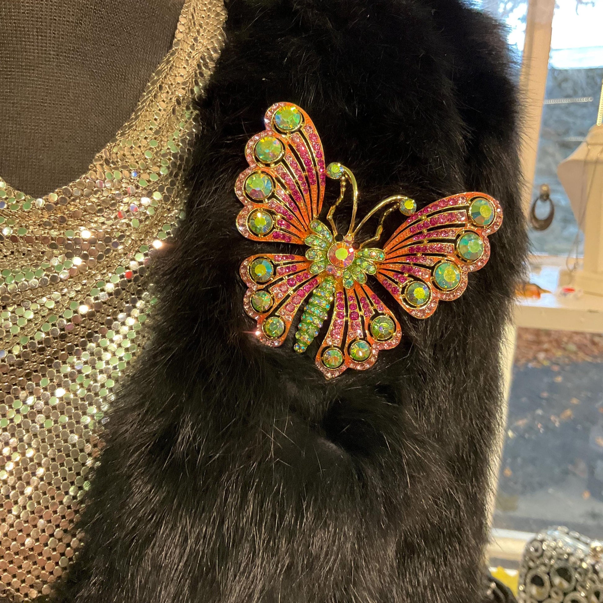 Vintage Butler and Wilson Large Crystal Butterfly Brooch, Gold Tone with Pink and Green Borealus Crystals , Signed in Original Box