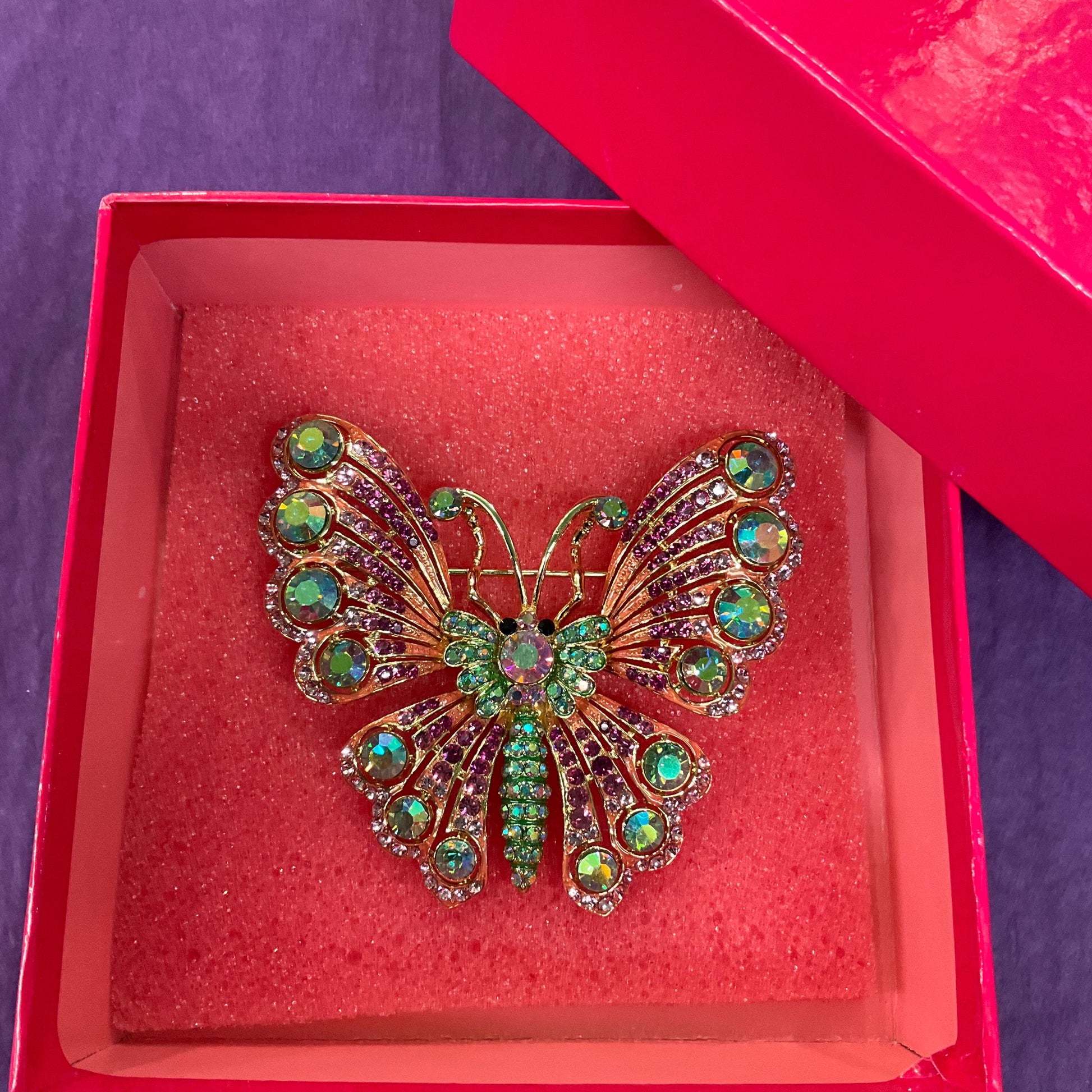 Vintage Butler and Wilson Large Crystal Butterfly Brooch, Gold Tone with Pink and Green Borealus Crystals , Signed in Original Box