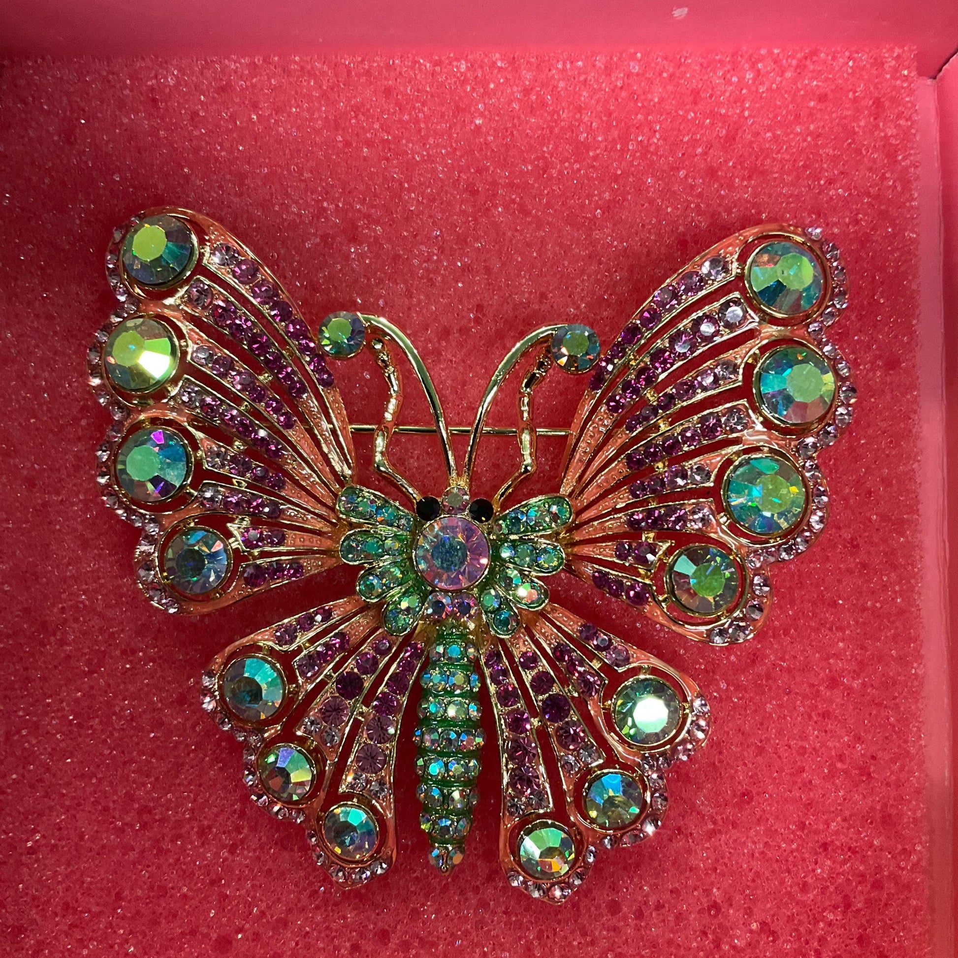 Vintage Butler and Wilson Large Crystal Butterfly Brooch, Gold Tone with Pink and Green Borealus Crystals , Signed in Original Box