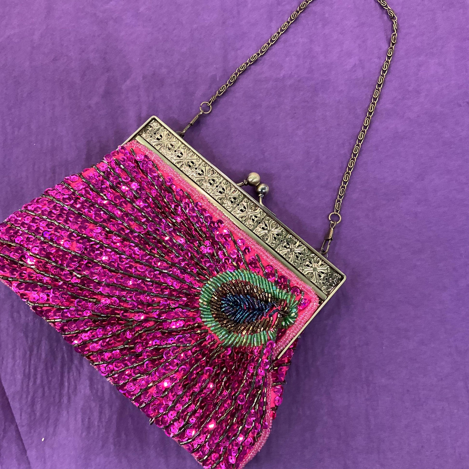 Vintage Pink Peacock Feather Beaded and Sequinned Evening Bag, Clutch or Handbag