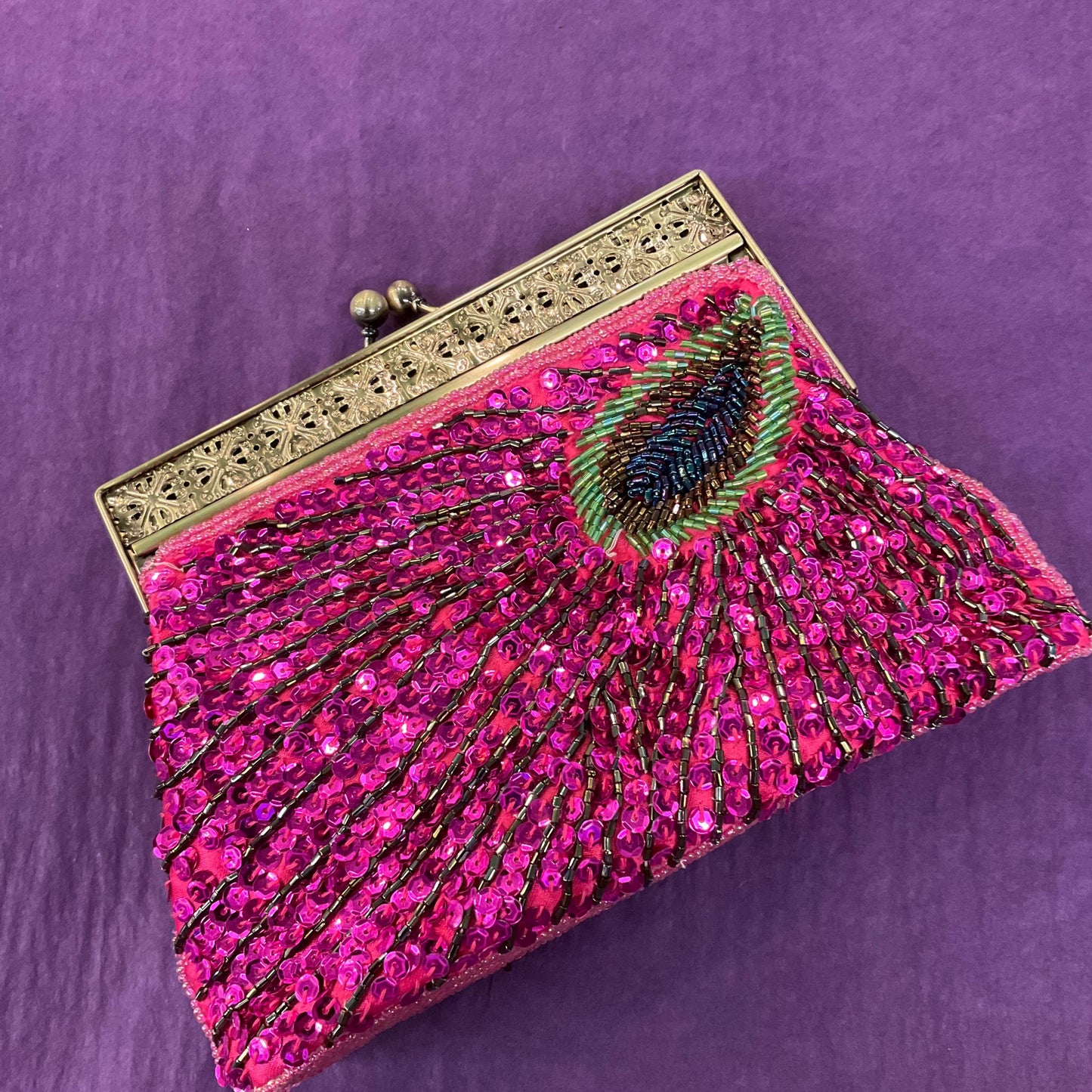 Vintage Pink Peacock Feather Beaded and Sequinned Evening Bag, Clutch or Handbag