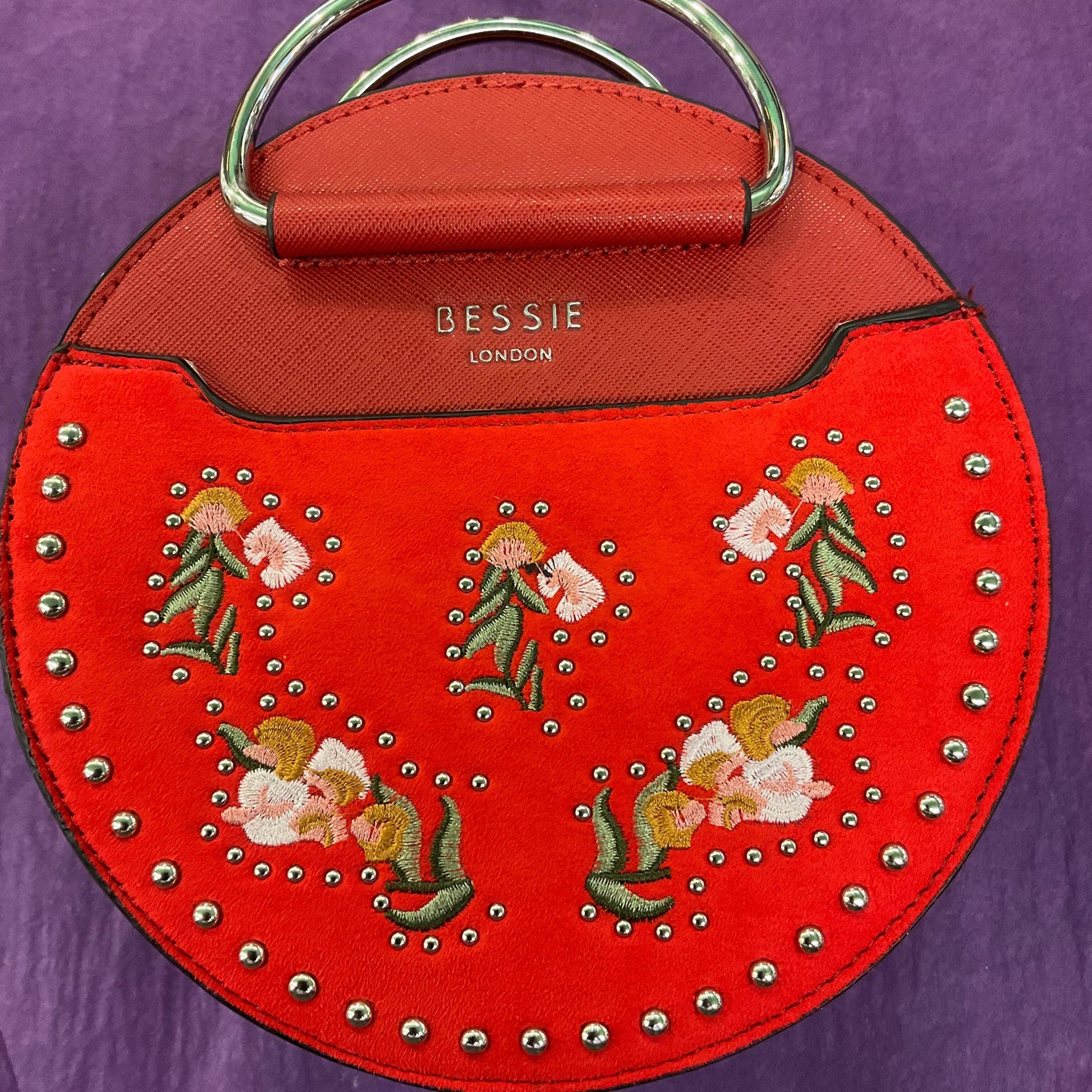 Vintage Bessie (London) Circular Red Faux Suede Embroidered Handbag, Floral Embroidery and optional Shoulder Strap