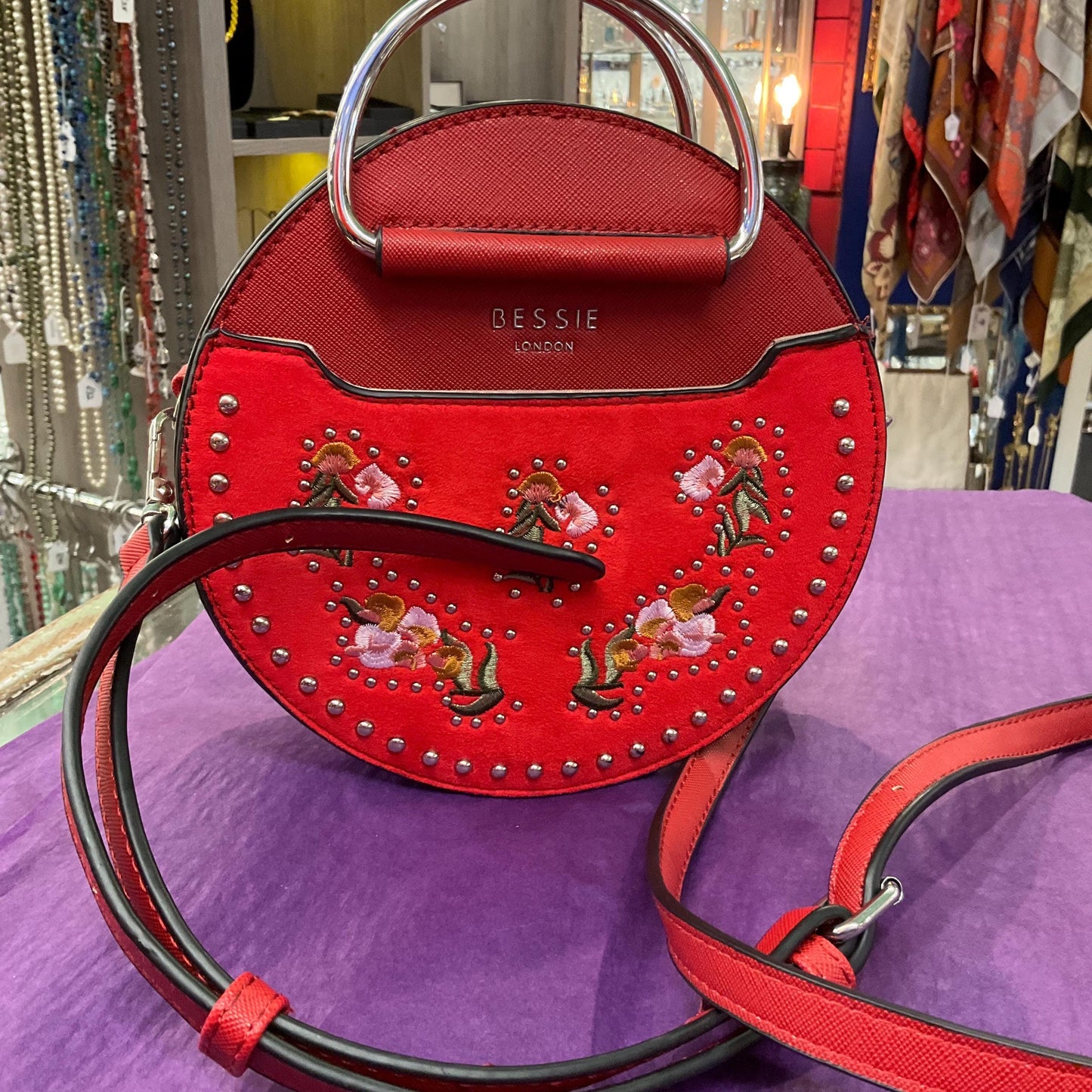 Vintage Bessie (London) Circular Red Faux Suede Embroidered Handbag, Floral Embroidery and optional Shoulder Strap