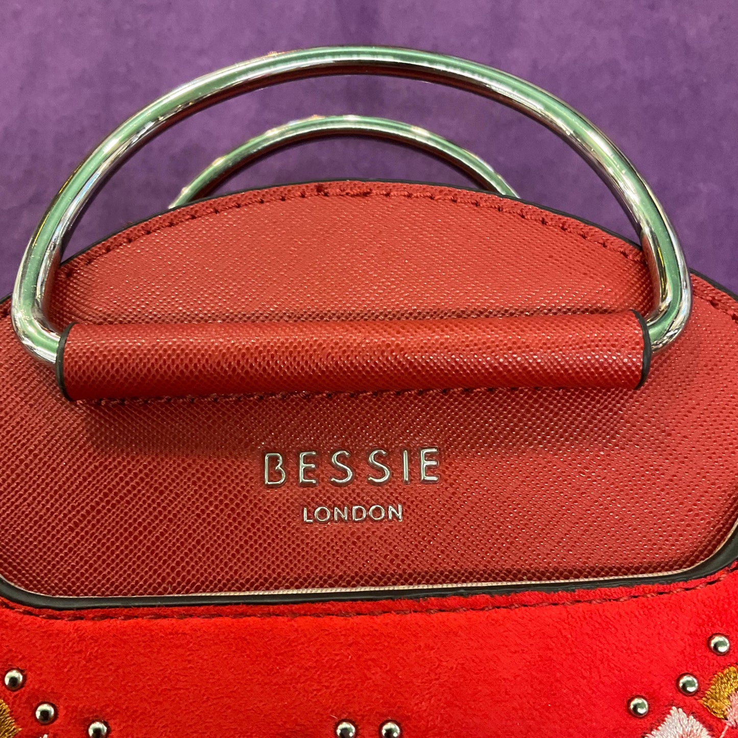 Vintage Bessie (London) Circular Red Faux Suede Embroidered Handbag, Floral Embroidery and optional Shoulder Strap