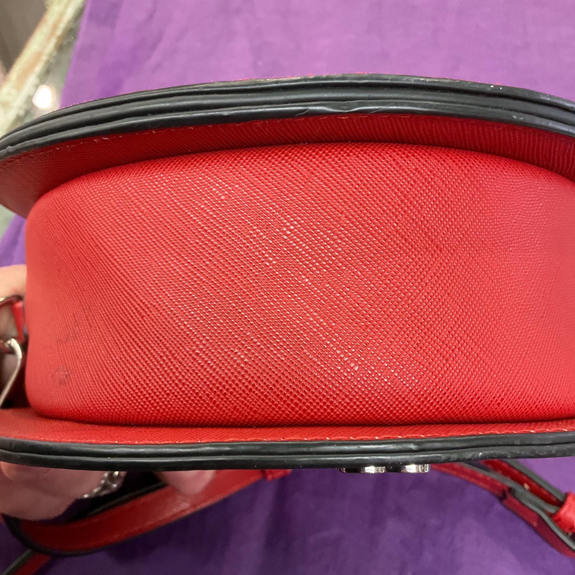 Vintage Bessie (London) Circular Red Faux Suede Embroidered Handbag, Floral Embroidery and optional Shoulder Strap