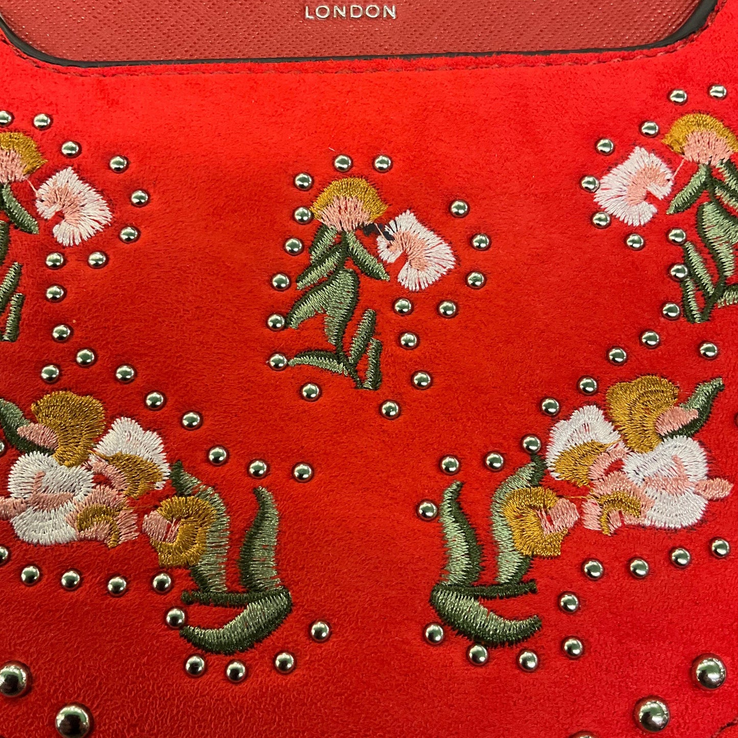 Vintage Bessie (London) Circular Red Faux Suede Embroidered Handbag, Floral Embroidery and optional Shoulder Strap