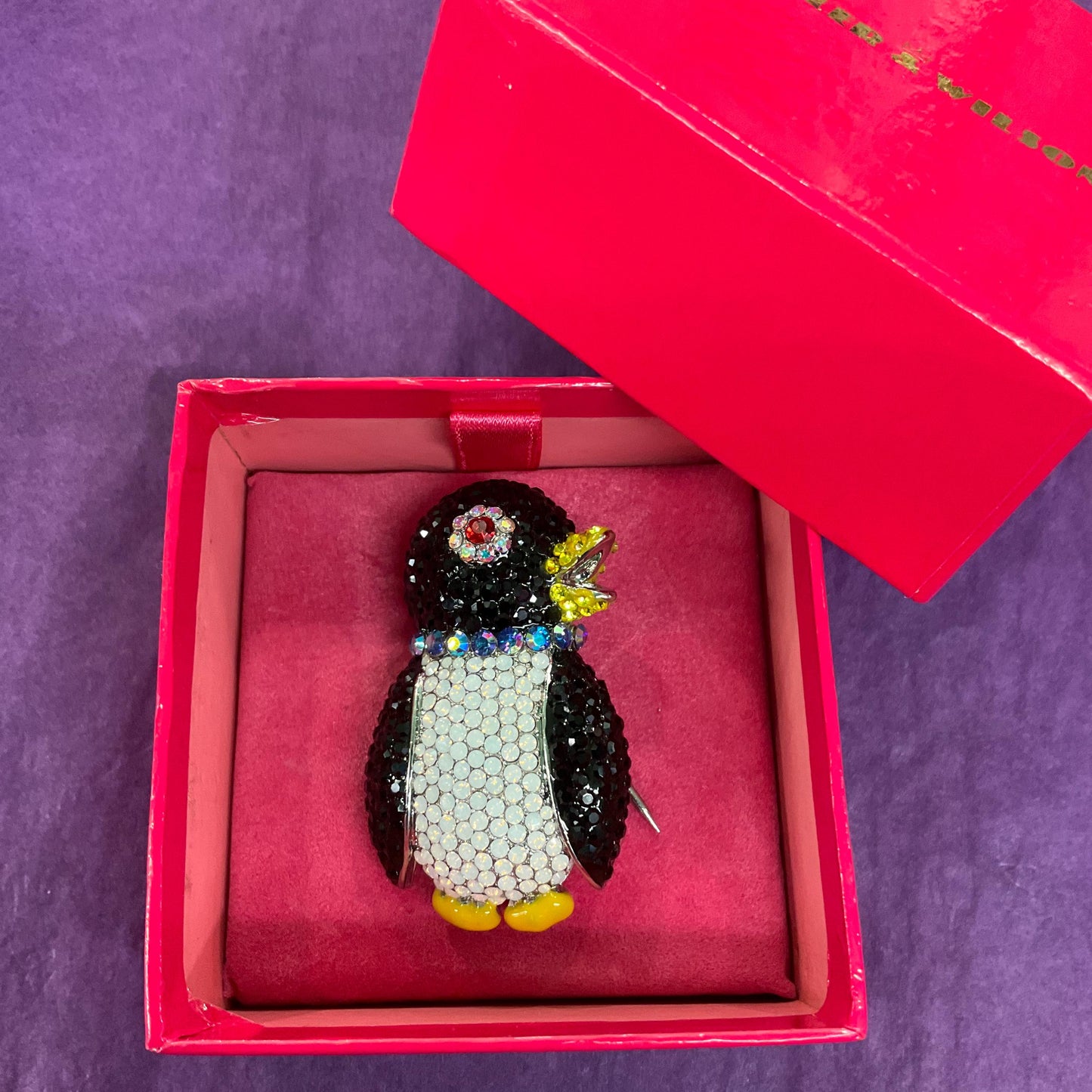 Vintage Butler and Wilson Crystal Penguin Statement Brooch, enamel and Borealis Rhinestones, original box