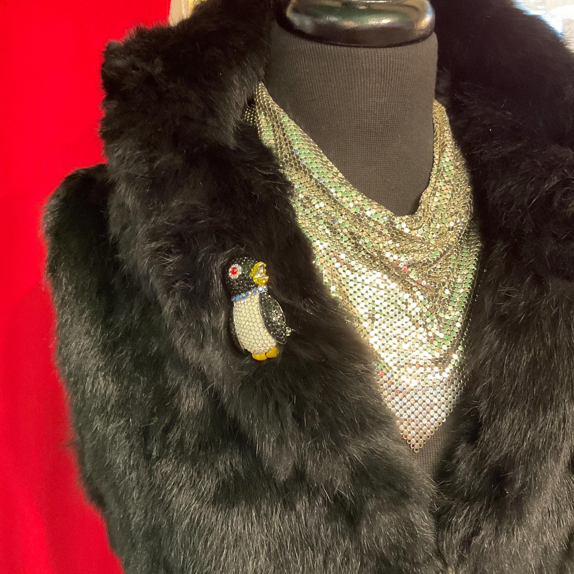 Vintage Butler and Wilson Crystal Penguin Statement Brooch, enamel and Borealis Rhinestones, original box