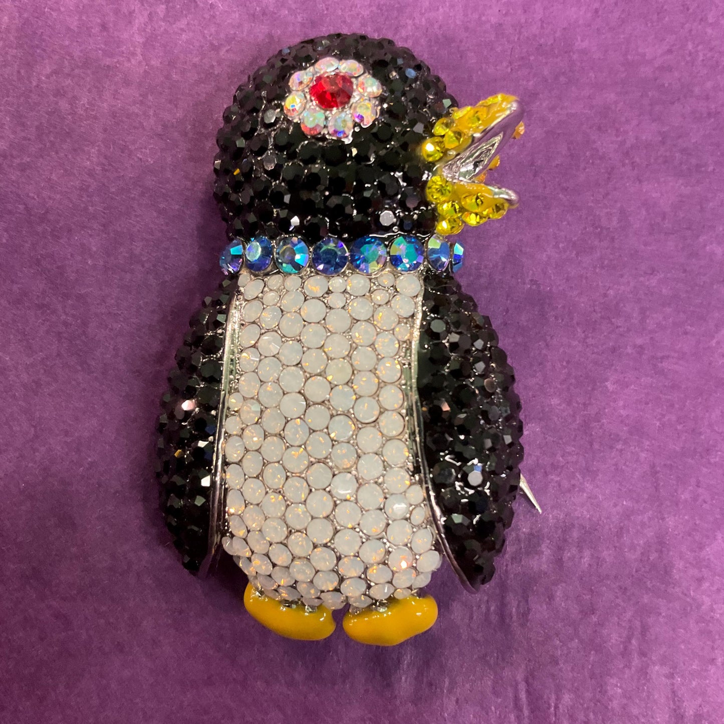 Vintage Butler and Wilson Crystal Penguin Statement Brooch, enamel and Borealis Rhinestones, original box