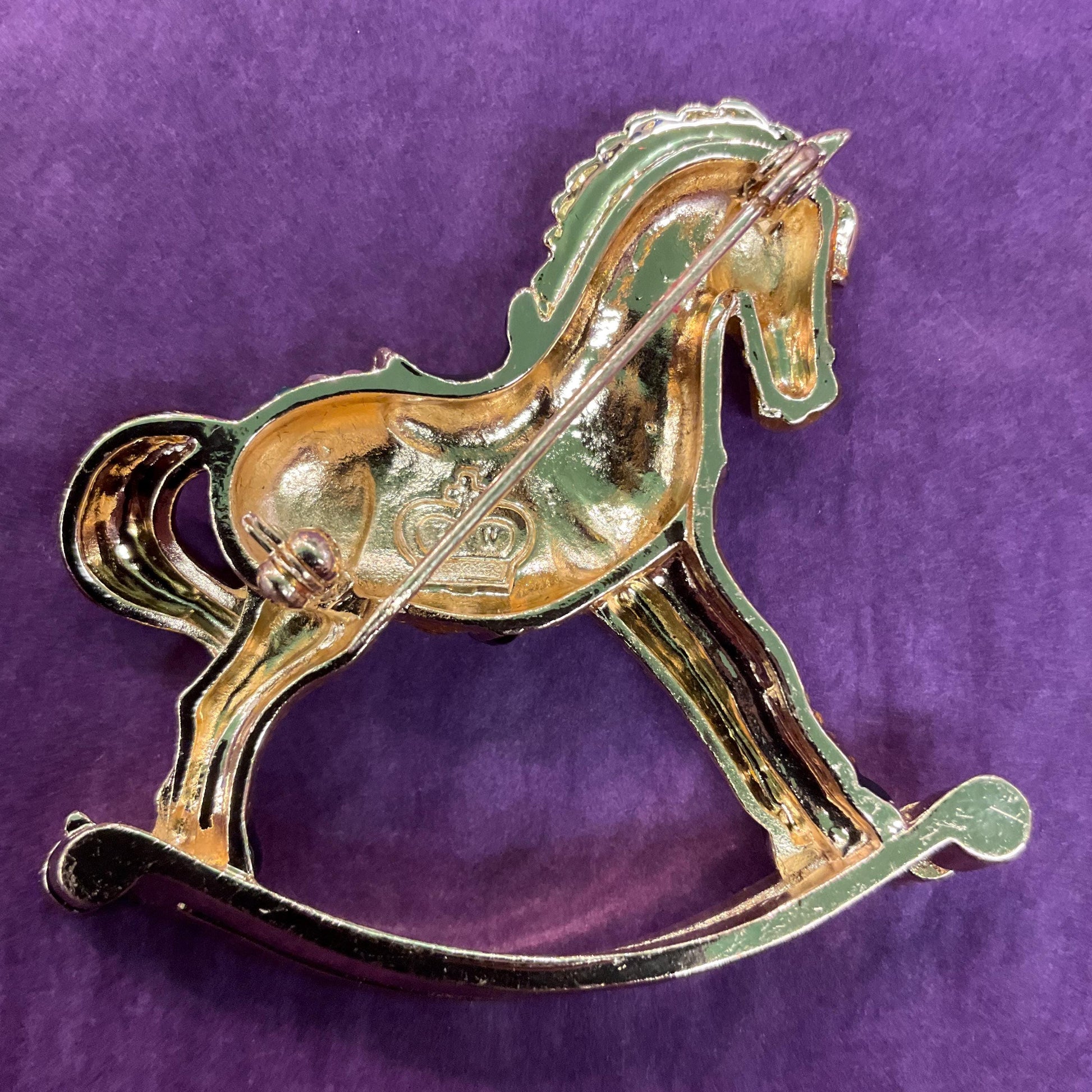 Vintage Butler and Wilson Large Crystal Rocking Horse Brooch, Gold Tone with Enamel and Rainbow Rhinestones, Original Box
