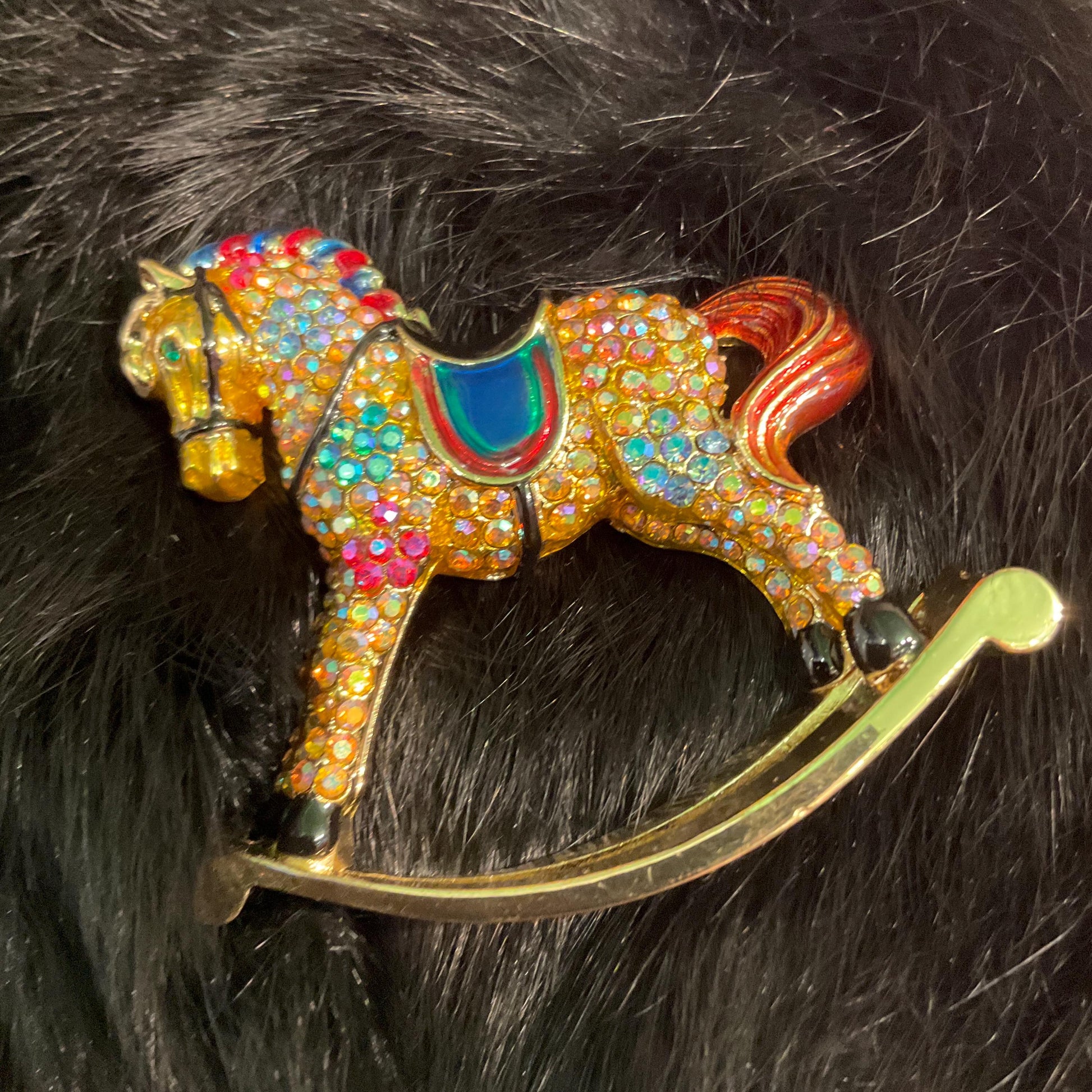 Vintage Butler and Wilson Large Crystal Rocking Horse Brooch, Gold Tone with Enamel and Rainbow Rhinestones, Original Box