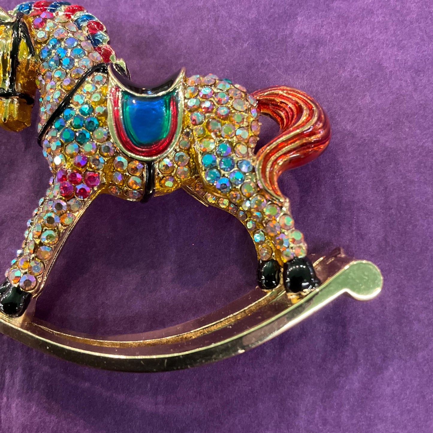 Vintage Butler and Wilson Large Crystal Rocking Horse Brooch, Gold Tone with Enamel and Rainbow Rhinestones, Original Box
