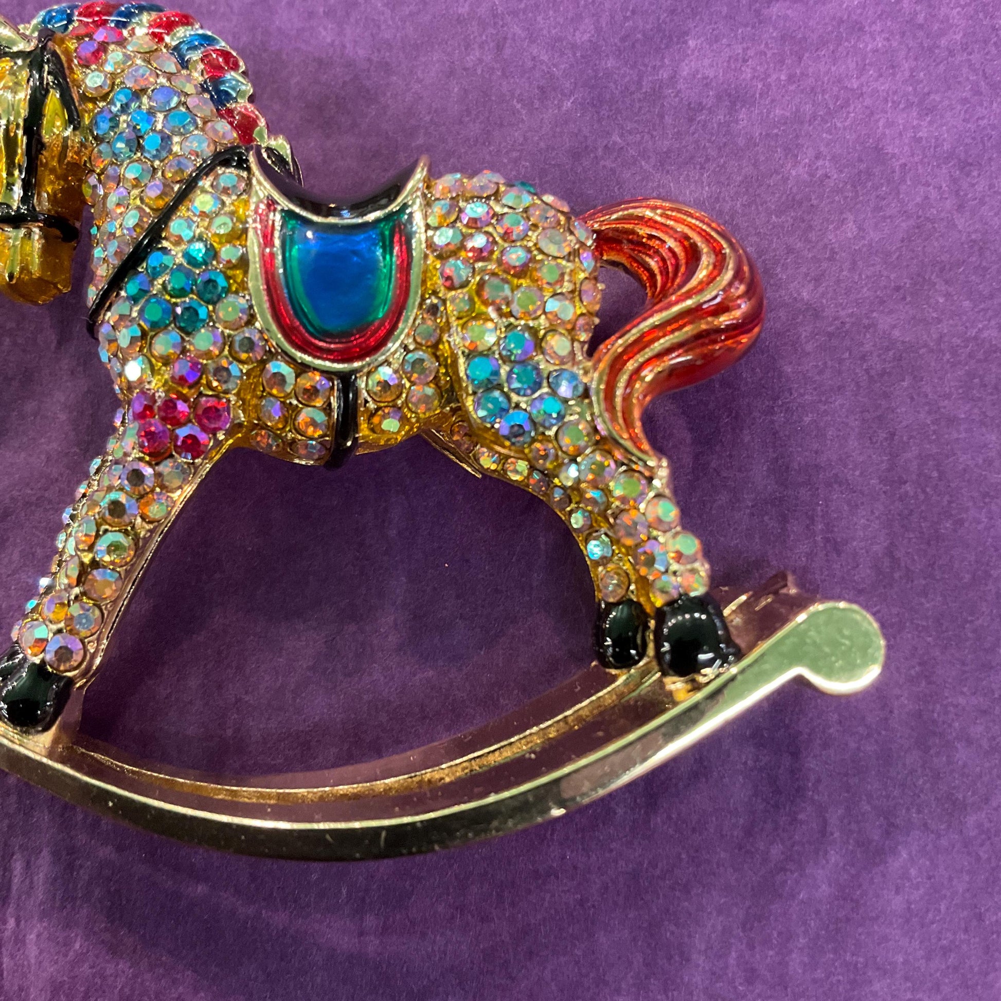 Vintage Butler and Wilson Large Crystal Rocking Horse Brooch, Gold Tone with Enamel and Rainbow Rhinestones, Original Box