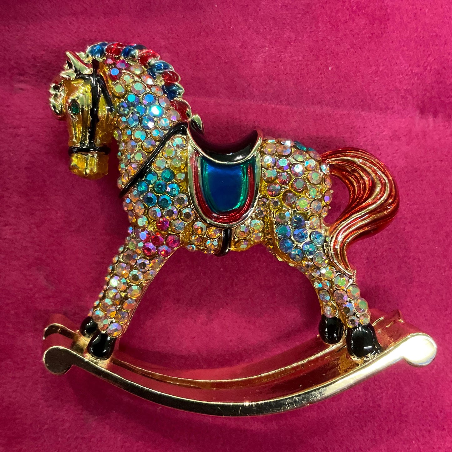Vintage Butler and Wilson Large Crystal Rocking Horse Brooch, Gold Tone with Enamel and Rainbow Rhinestones, Original Box