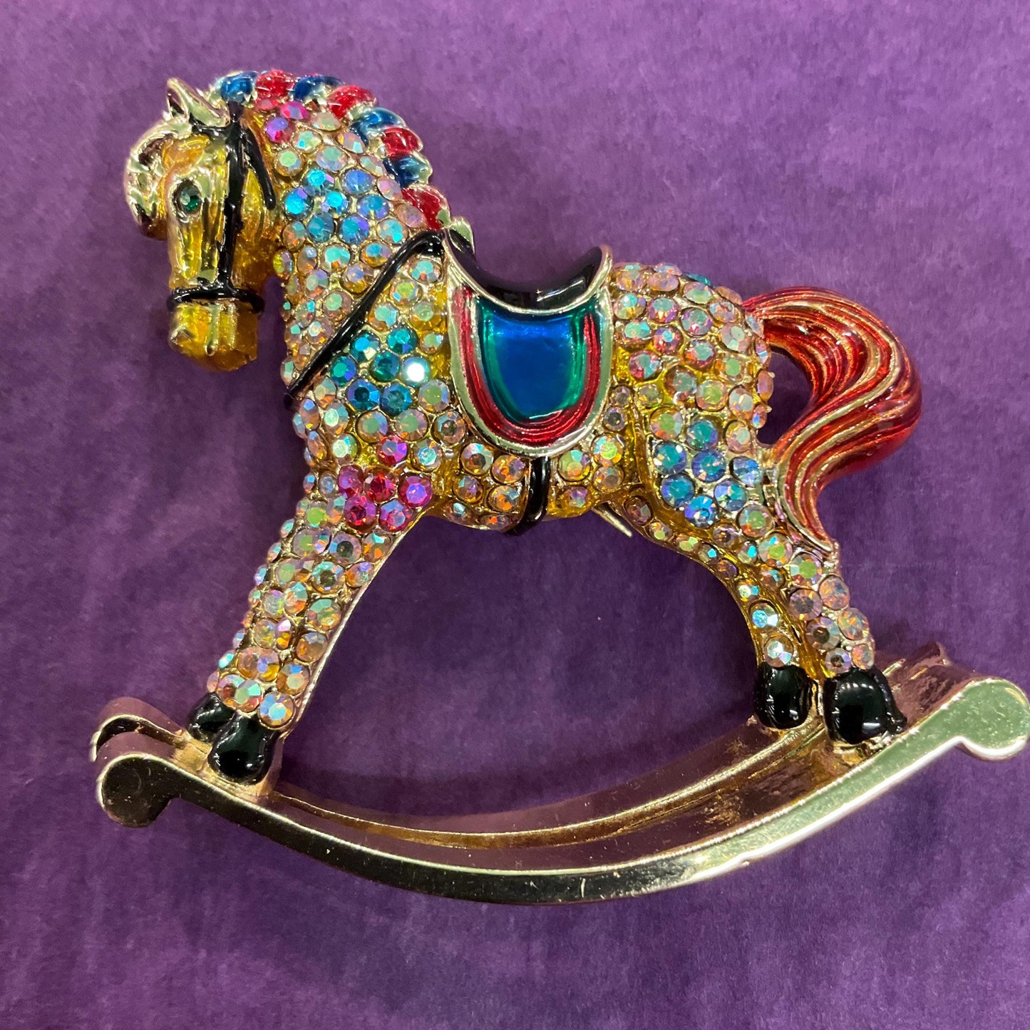 Vintage Butler and Wilson Large Crystal Rocking Horse Brooch, Gold Tone with Enamel and Rainbow Rhinestones, Original Box