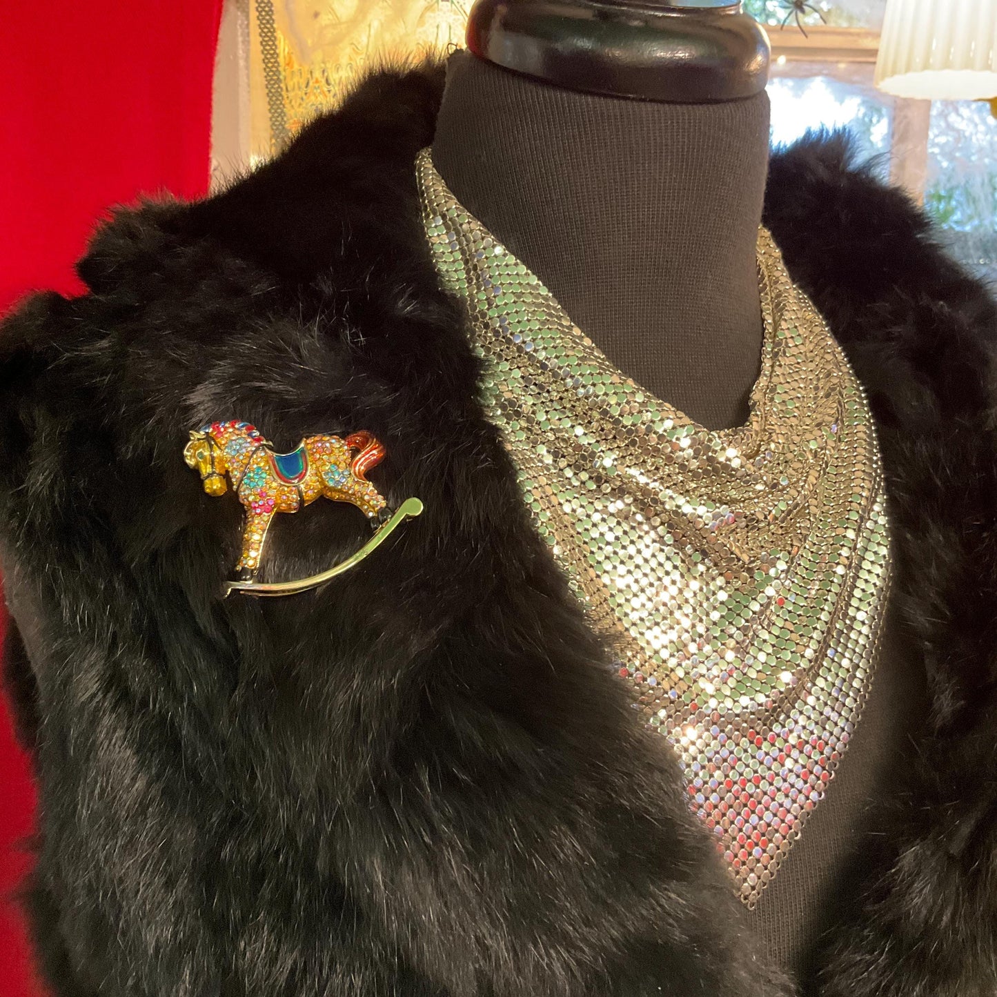 Vintage Butler and Wilson Large Crystal Rocking Horse Brooch, Gold Tone with Enamel and Rainbow Rhinestones, Original Box