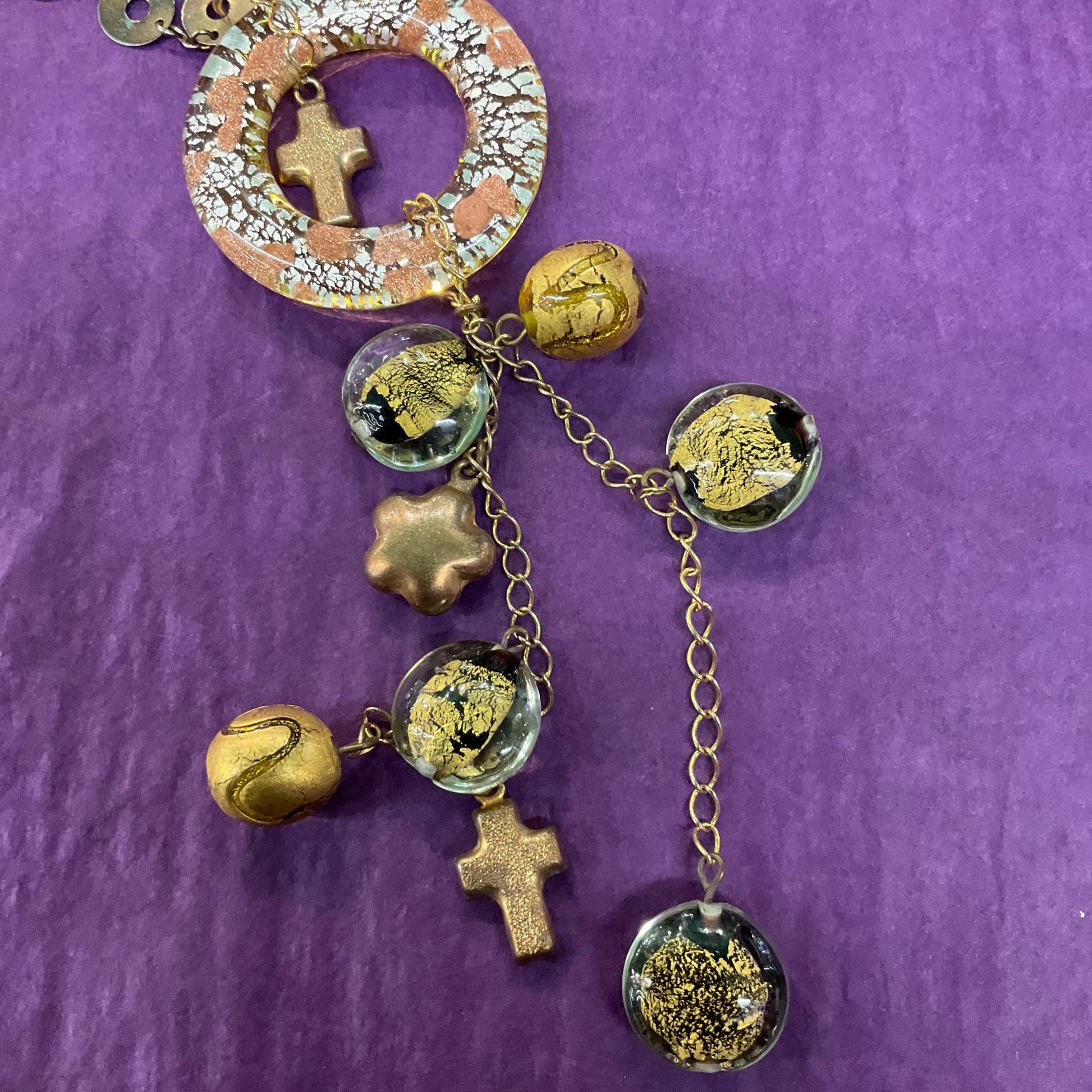 Vintage Butler and Wilson Gold Foiled Glass Tassled Statement Pendant, Gold and Silver tone