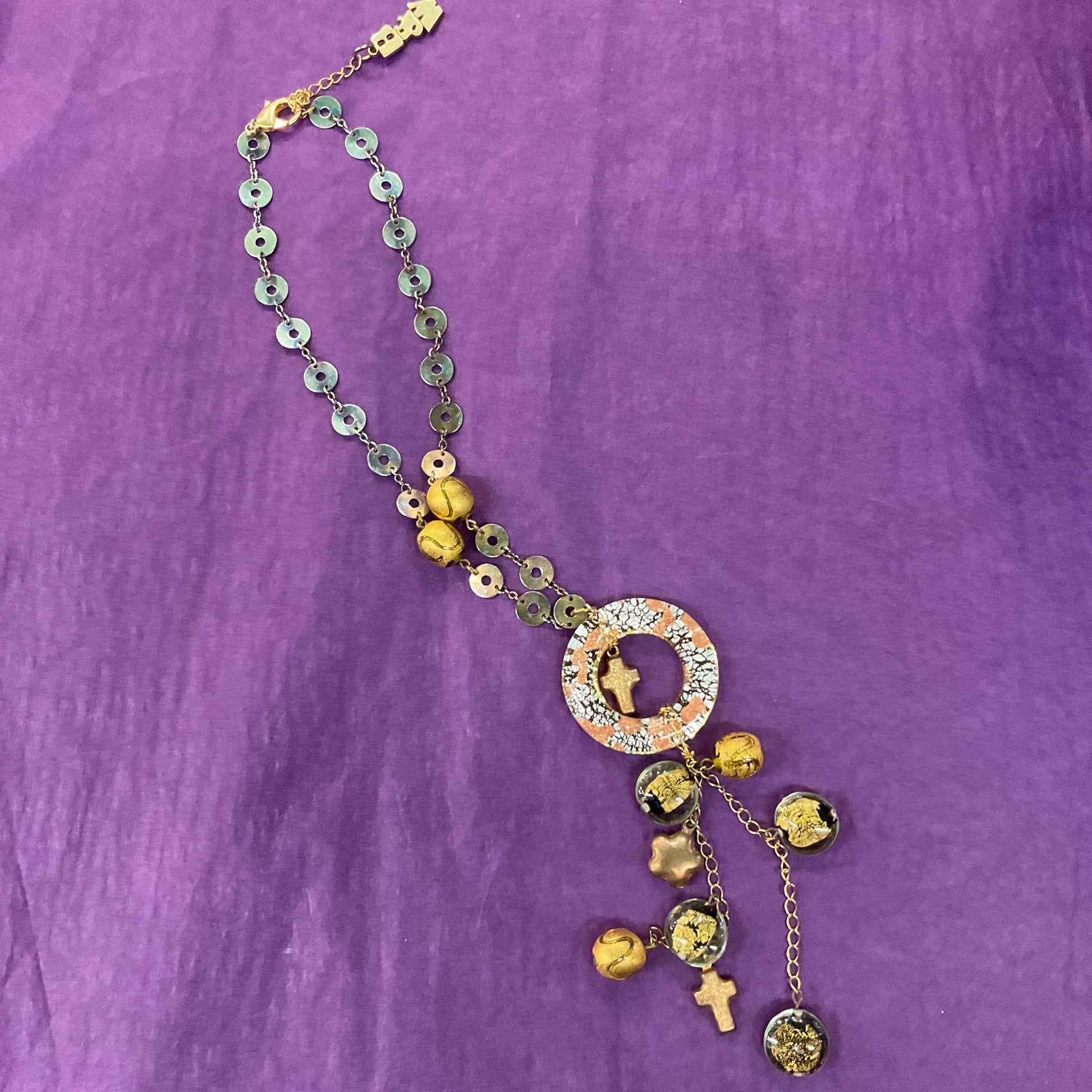 Vintage Butler and Wilson Gold Foiled Glass Tassled Statement Pendant, Gold and Silver tone